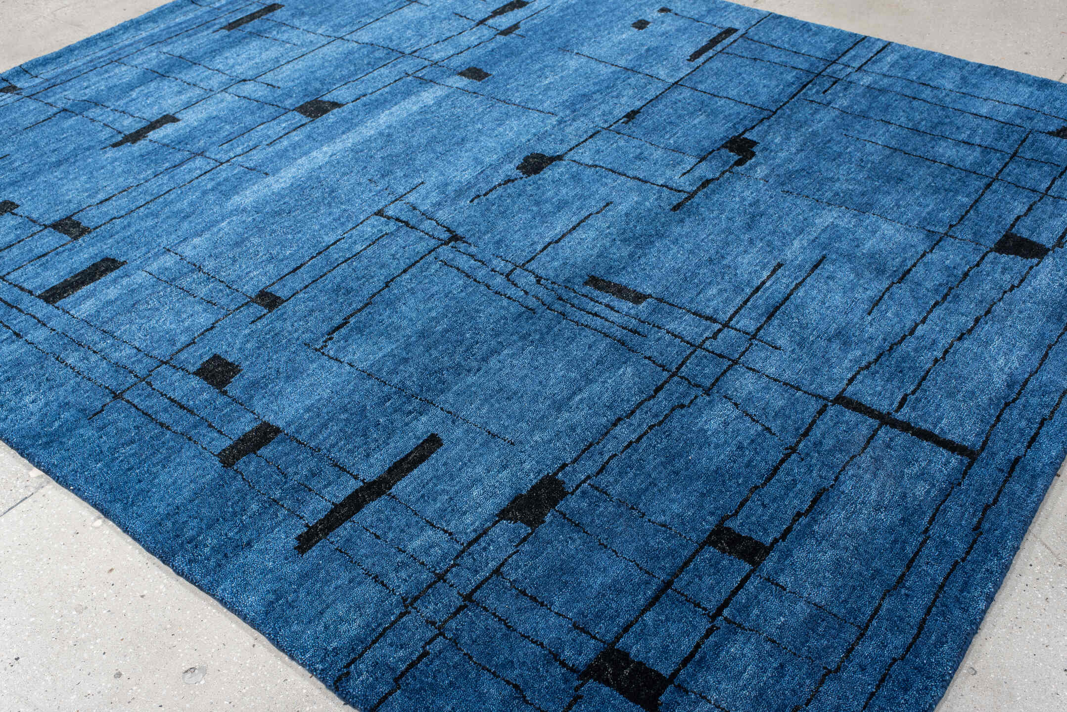 8' x 9' one-of-a-kind handmade vintage Tribeca rug. Color palette: blue, black, slate, gray
