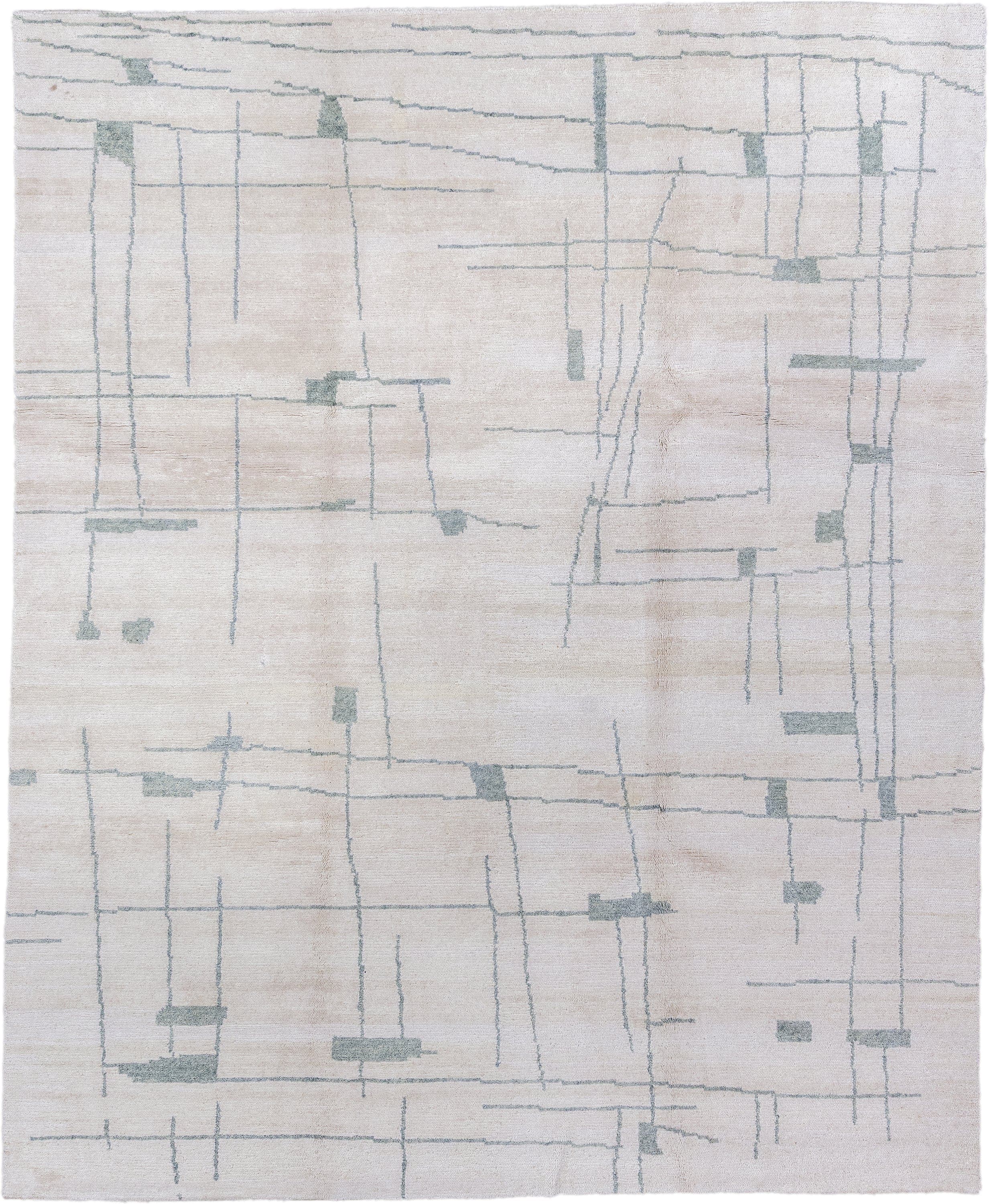 8' x 10' one-of-a-kind handmade vintage Tribeca large size rug. Color palette: ivory, pale blue, cream, light gray