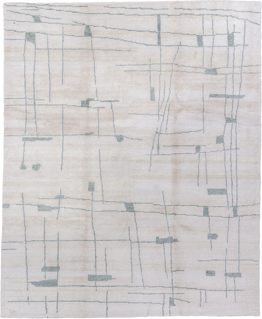8' x 10' one-of-a-kind handmade vintage Tribeca large size rug. Color palette: ivory, pale blue, cream, light gray