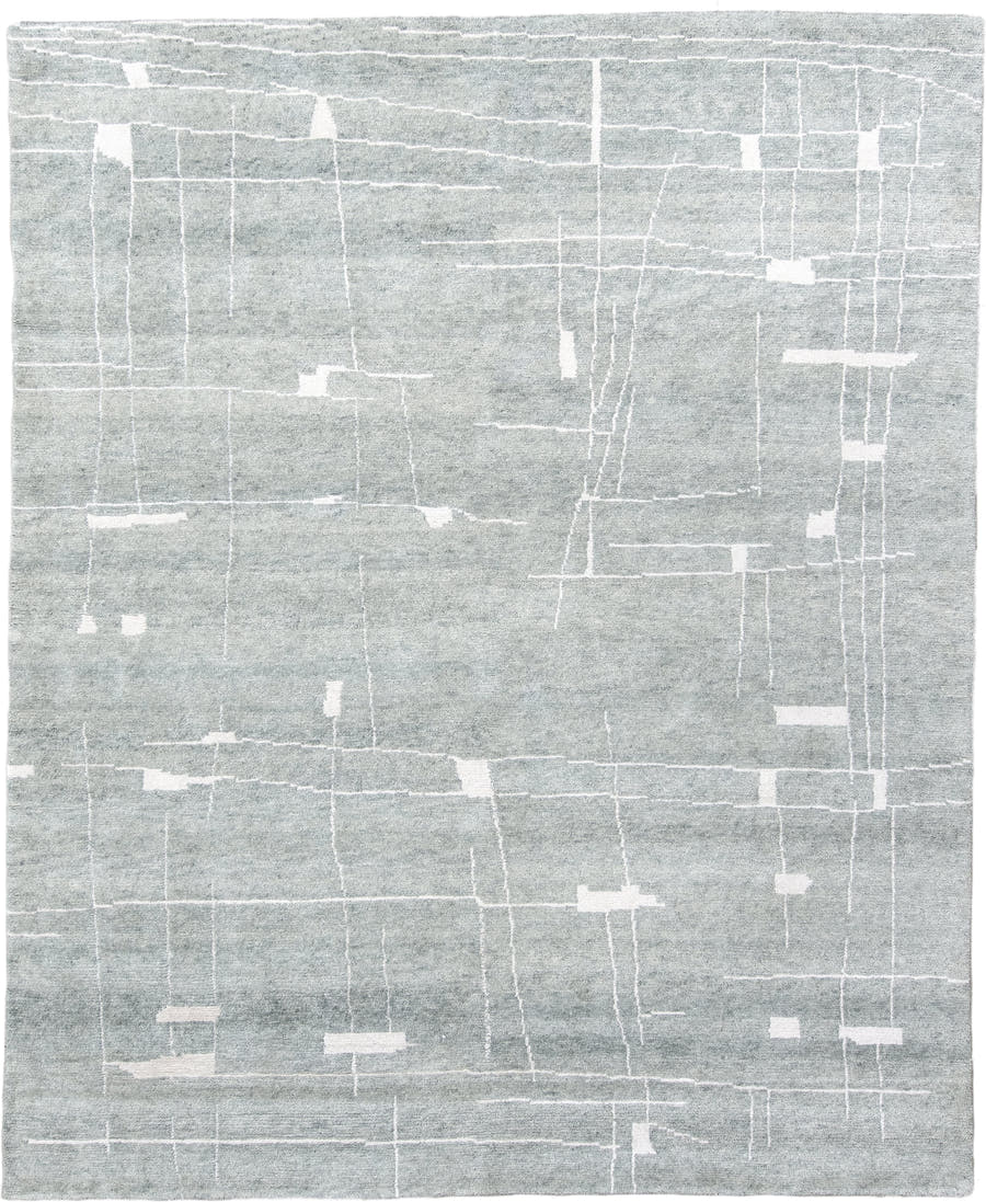 8' x 10' one-of-a-kind handmade vintage Tribeca large size rug. Color palette: pale blue, ivory, silver, mist, light blue