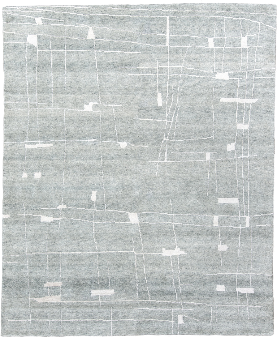 8' x 10' one-of-a-kind handmade vintage Tribeca large size rug. Color palette: pale blue, ivory, silver, mist, light blue