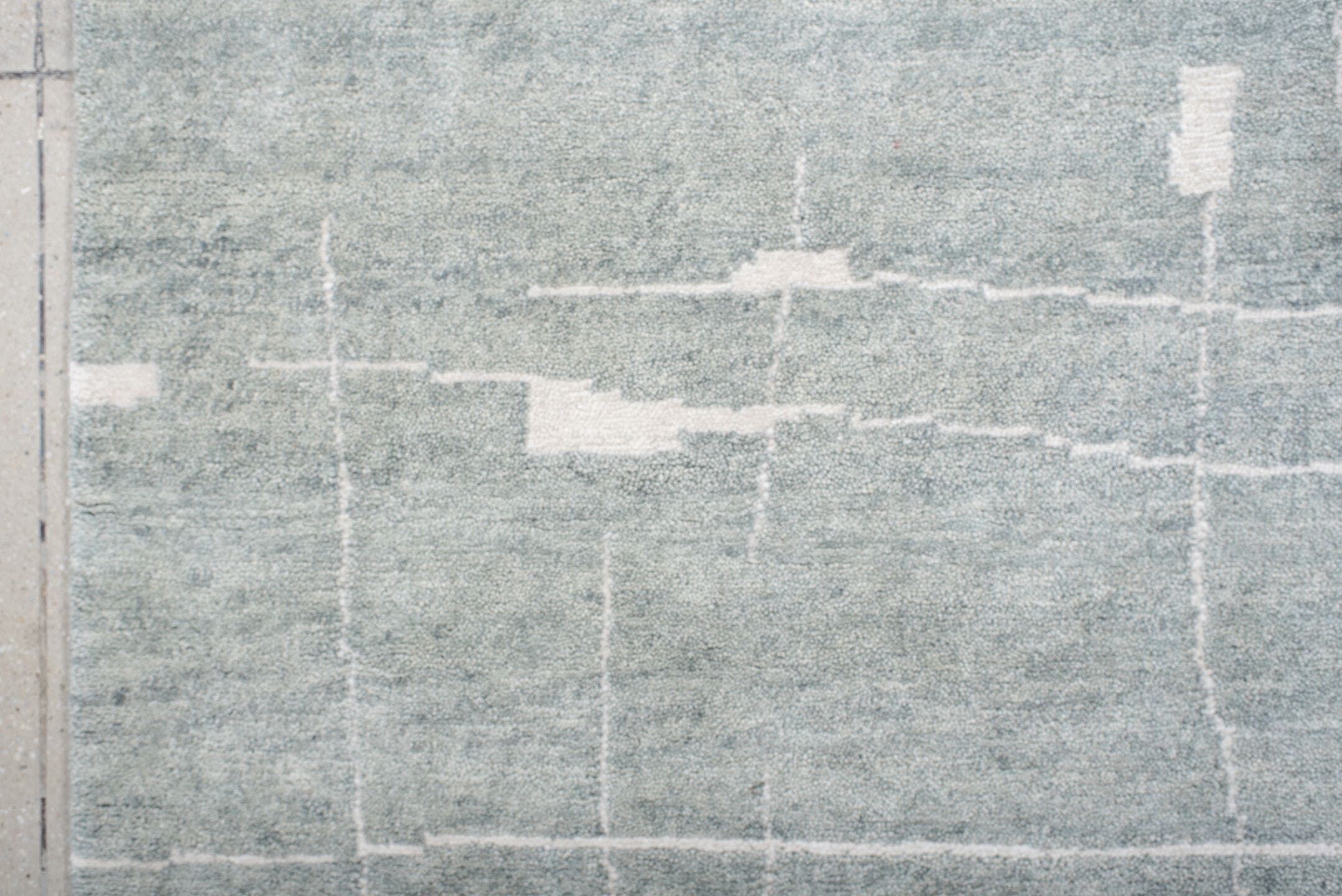 8' x 10' one-of-a-kind handmade vintage Tribeca large size rug. Color palette: pale blue, ivory, silver, mist, light blue