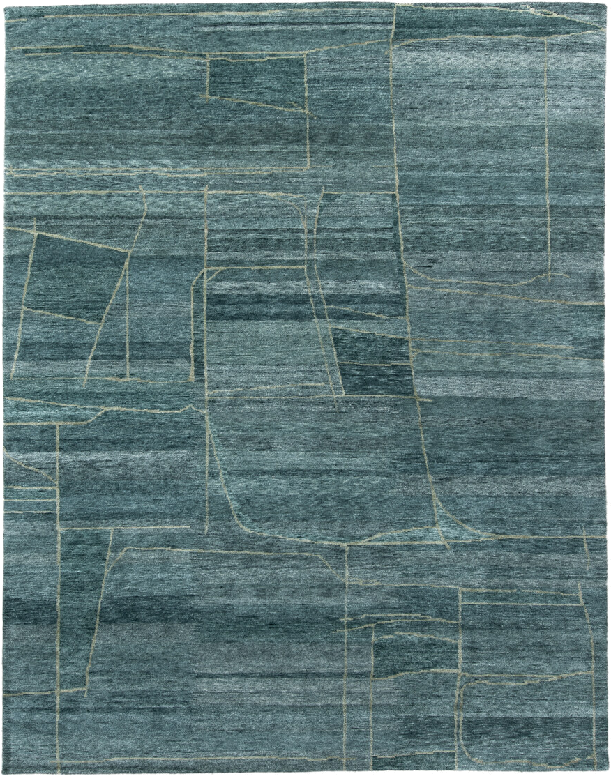 8' x 10' one-of-a-kind handmade vintage Tribeca large size rug. Color palette: teal, slate, ivory, sage, charcoal, gray
