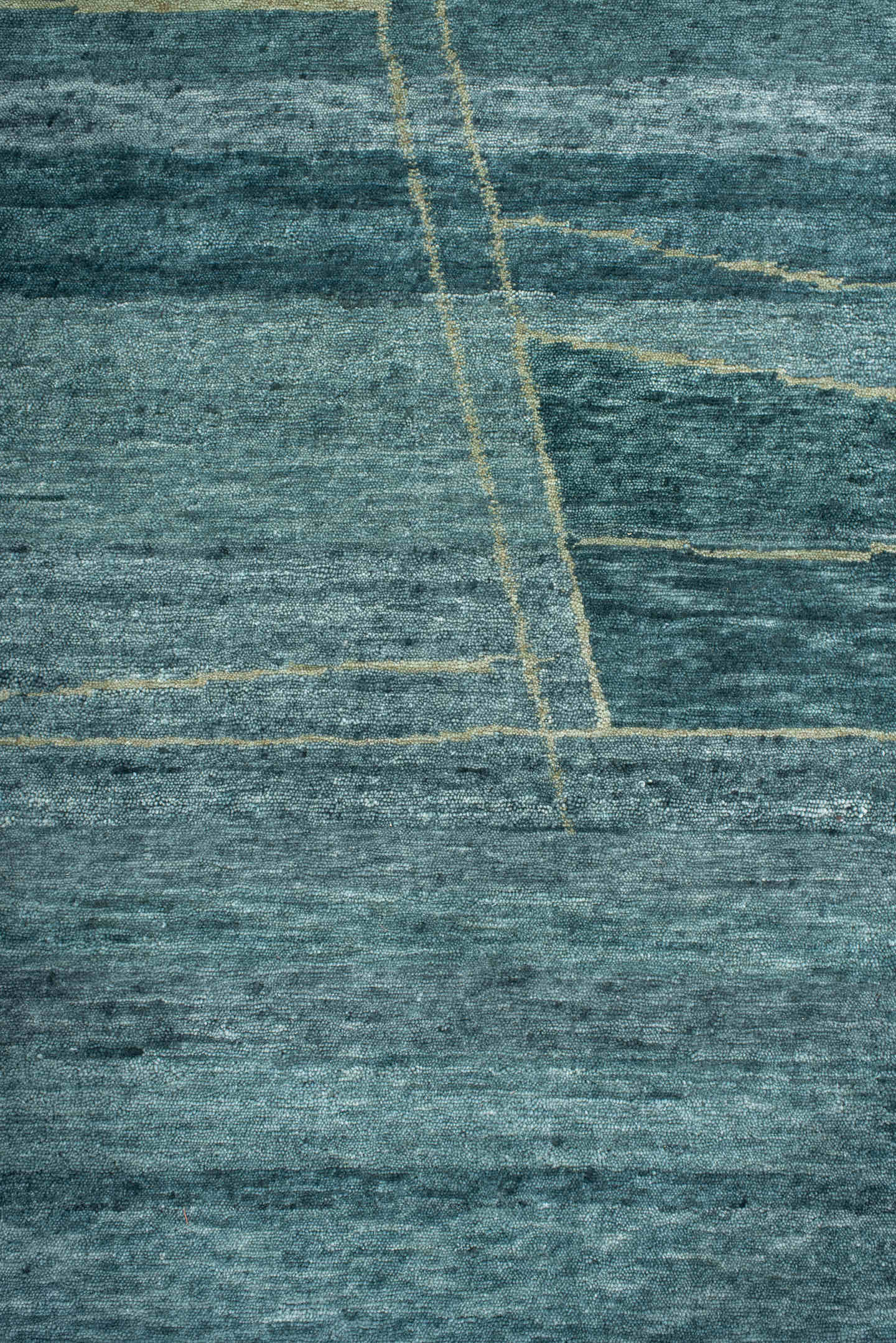 8' x 10' one-of-a-kind handmade vintage Tribeca large size rug. Color palette: teal, slate, ivory, sage, charcoal, gray