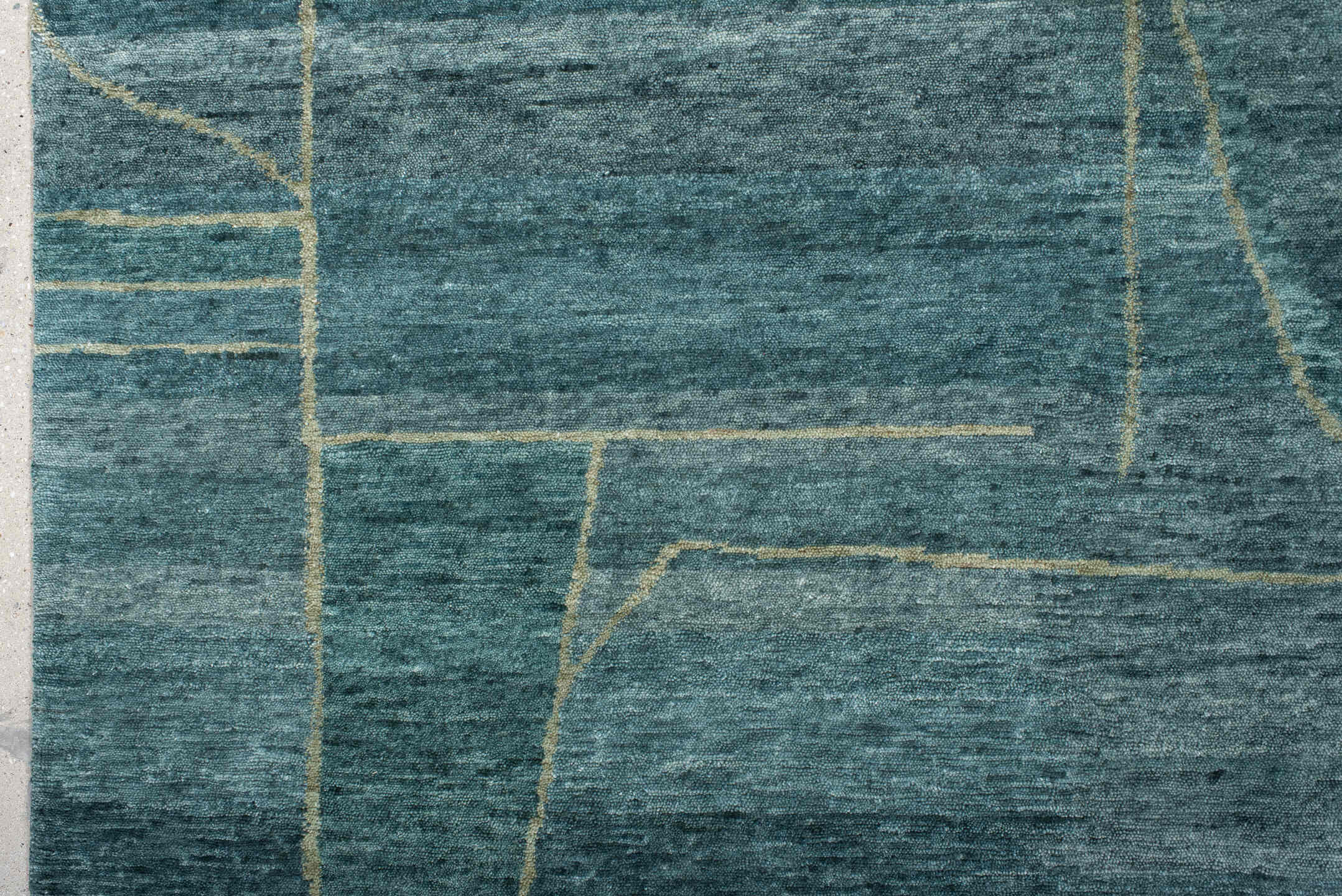 8' x 10' one-of-a-kind handmade vintage Tribeca large size rug. Color palette: teal, slate, ivory, sage, charcoal, gray