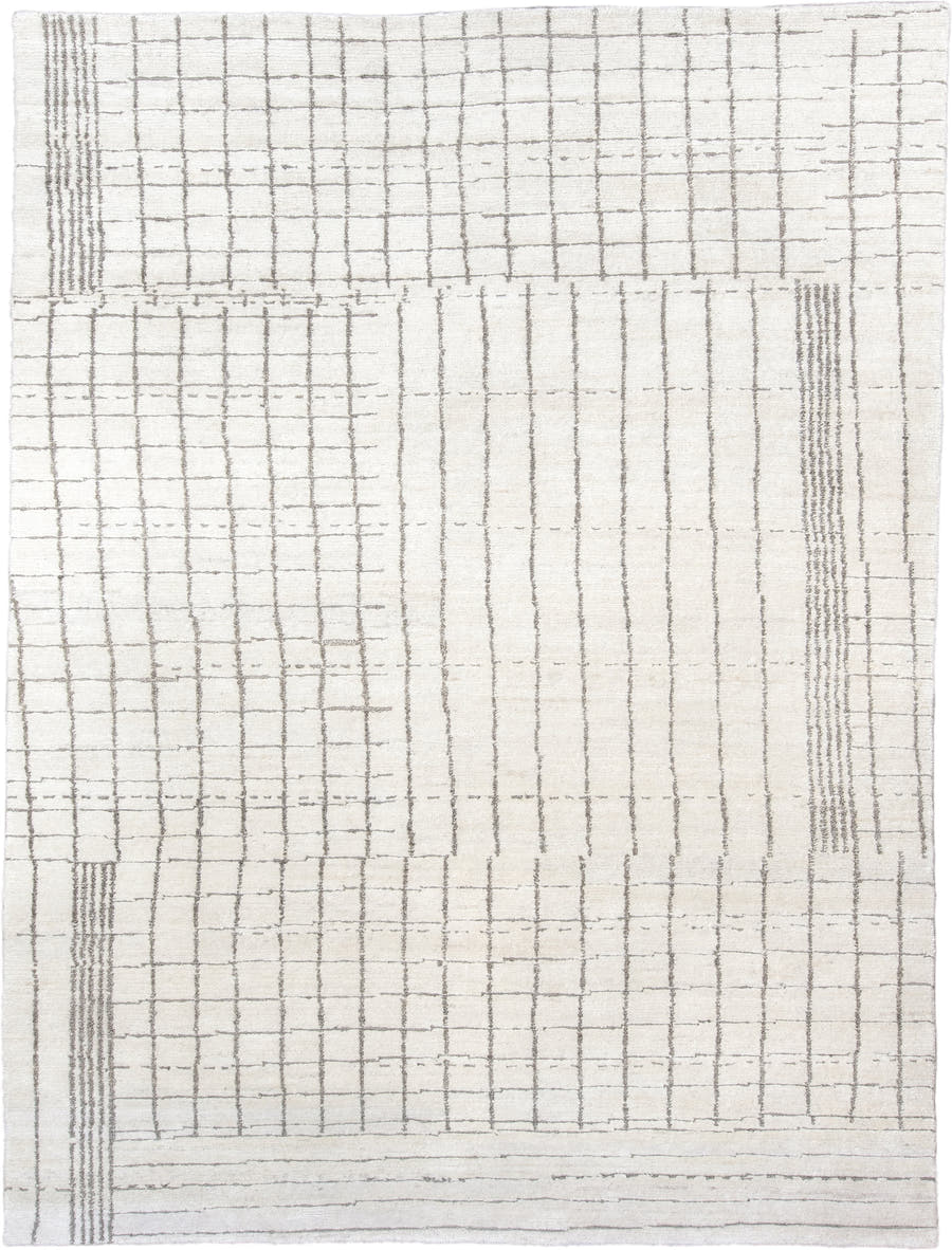 9' x 12' one-of-a-kind handmade vintage Tribeca large size rug. Color palette: ivory, taupe, cream, beige, light gray, gray