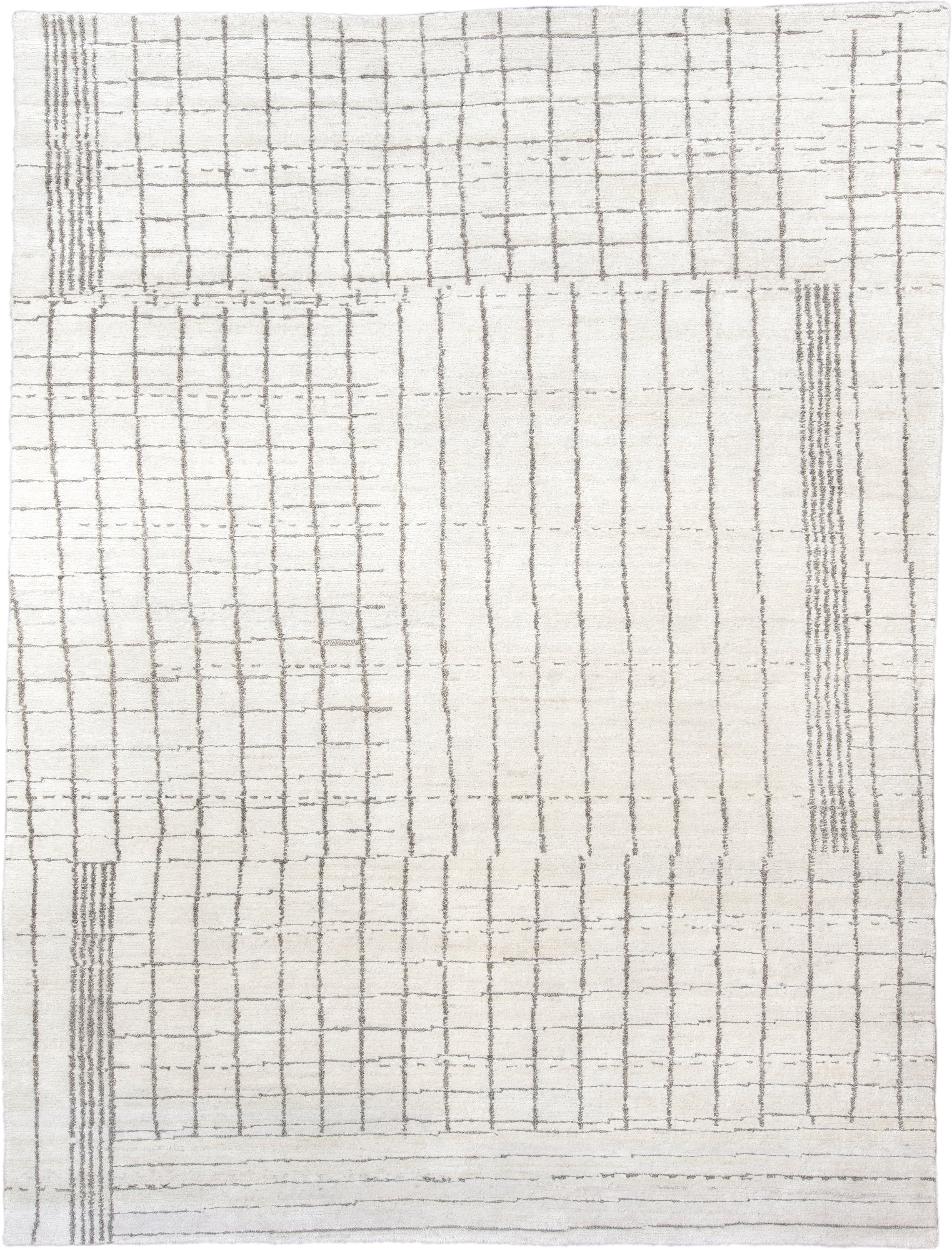 9' x 12' one-of-a-kind handmade vintage Tribeca large size rug. Color palette: ivory, taupe, cream, beige, light gray, gray