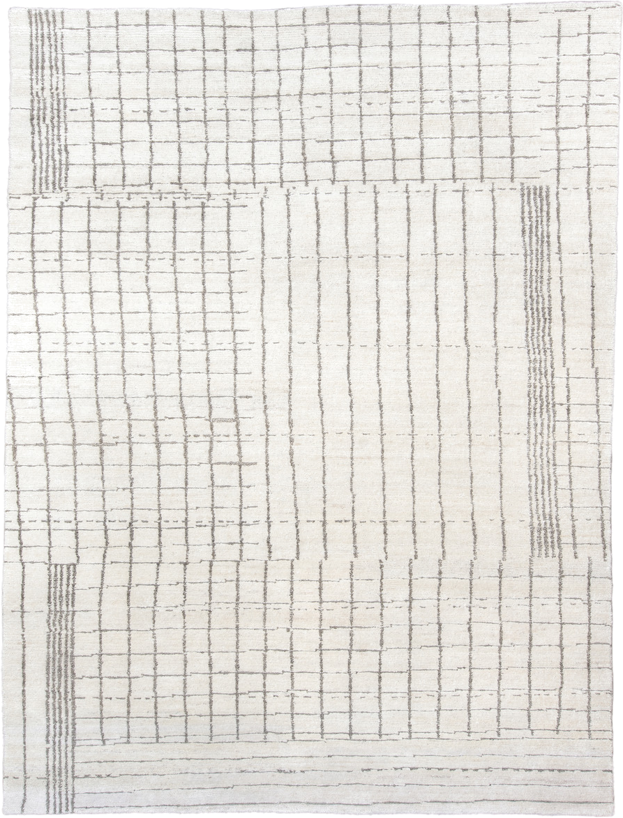 9' x 12' one-of-a-kind handmade vintage Tribeca large size rug. Color palette: ivory, taupe, cream, beige, light gray, gray