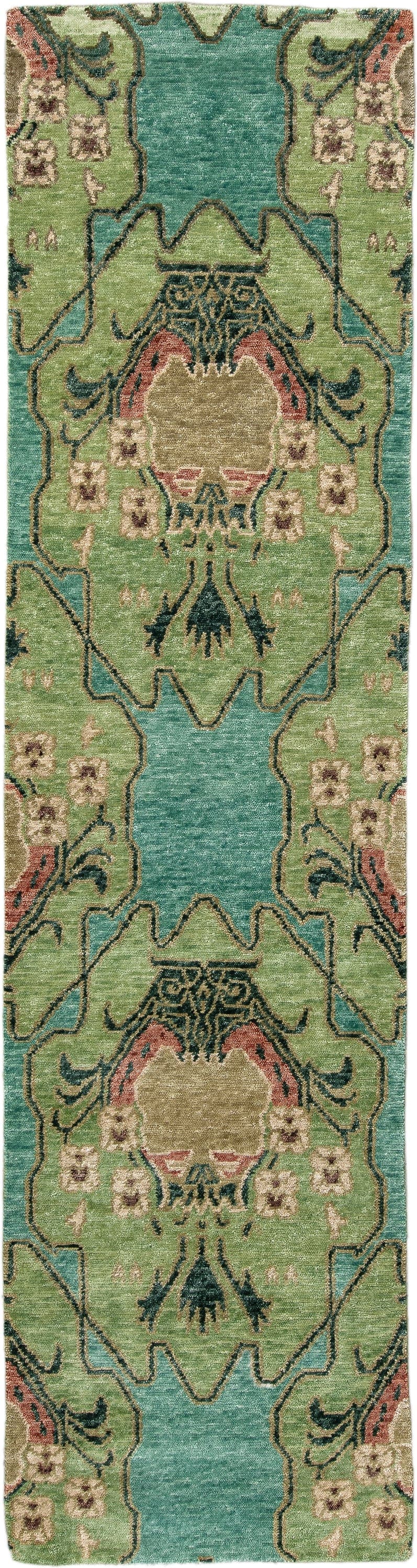 3' x 12' one-of-a-kind handmade vintage Tribeca runner rug. Color palette: aqua, sage, ivory, charcoal, blush, taupe, teal