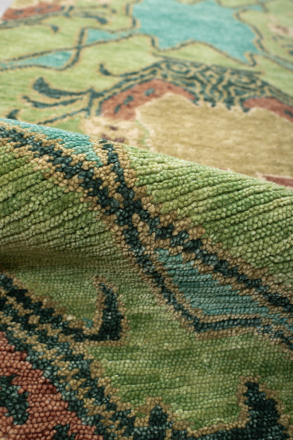3' x 12' one-of-a-kind handmade vintage Tribeca runner rug. Color palette: aqua, sage, ivory, charcoal, blush, taupe, teal