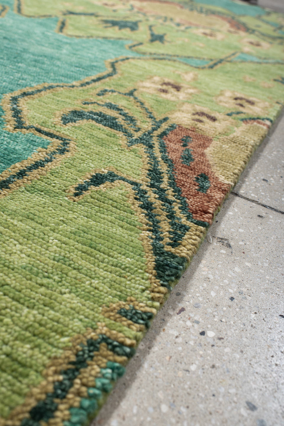 3' x 12' one-of-a-kind handmade vintage Tribeca runner rug. Color palette: aqua, sage, ivory, charcoal, blush, taupe, teal