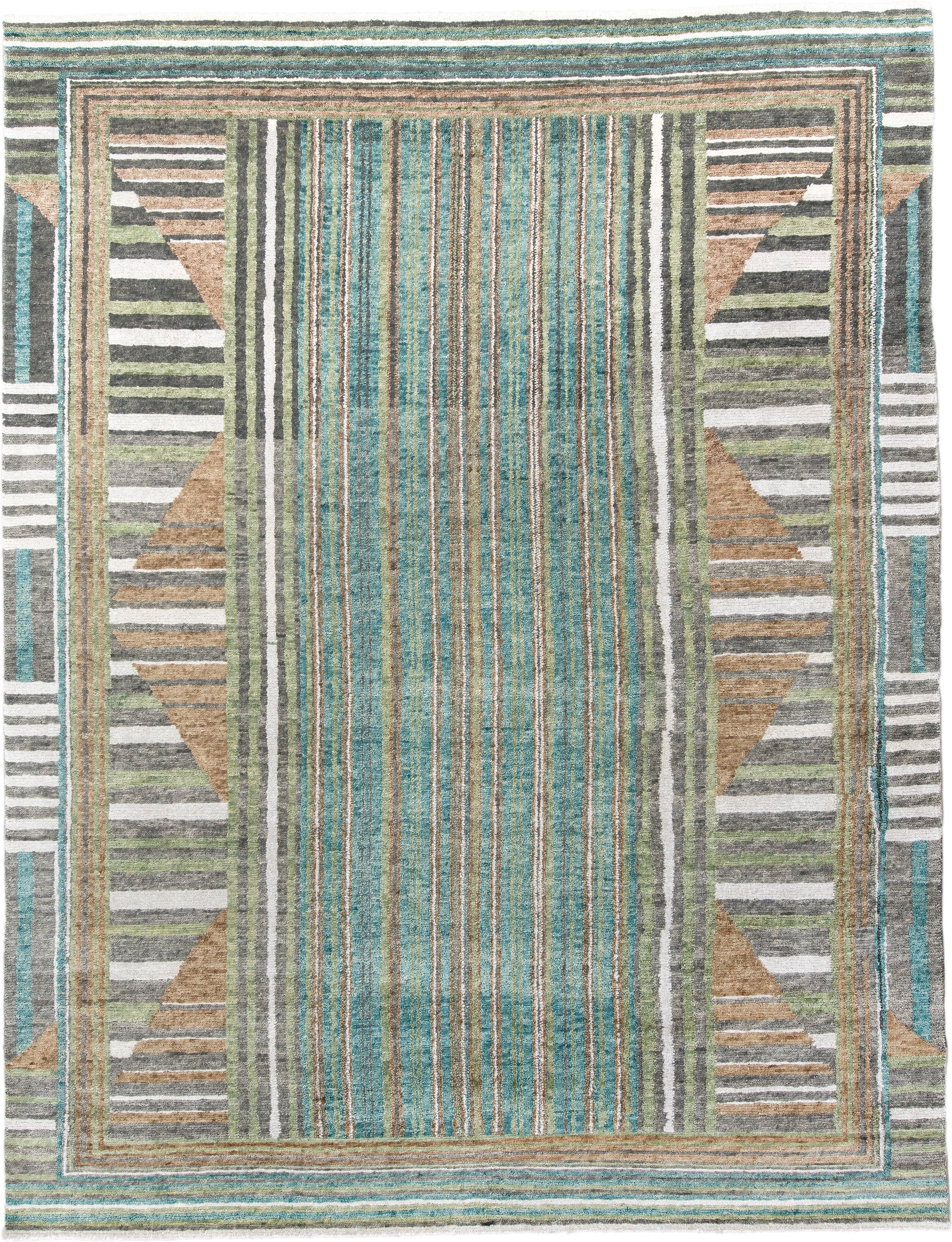 9' x 12' one-of-a-kind handmade vintage Tribeca large size rug. Color palette: teal, ivory, charcoal, taupe, olive, camel