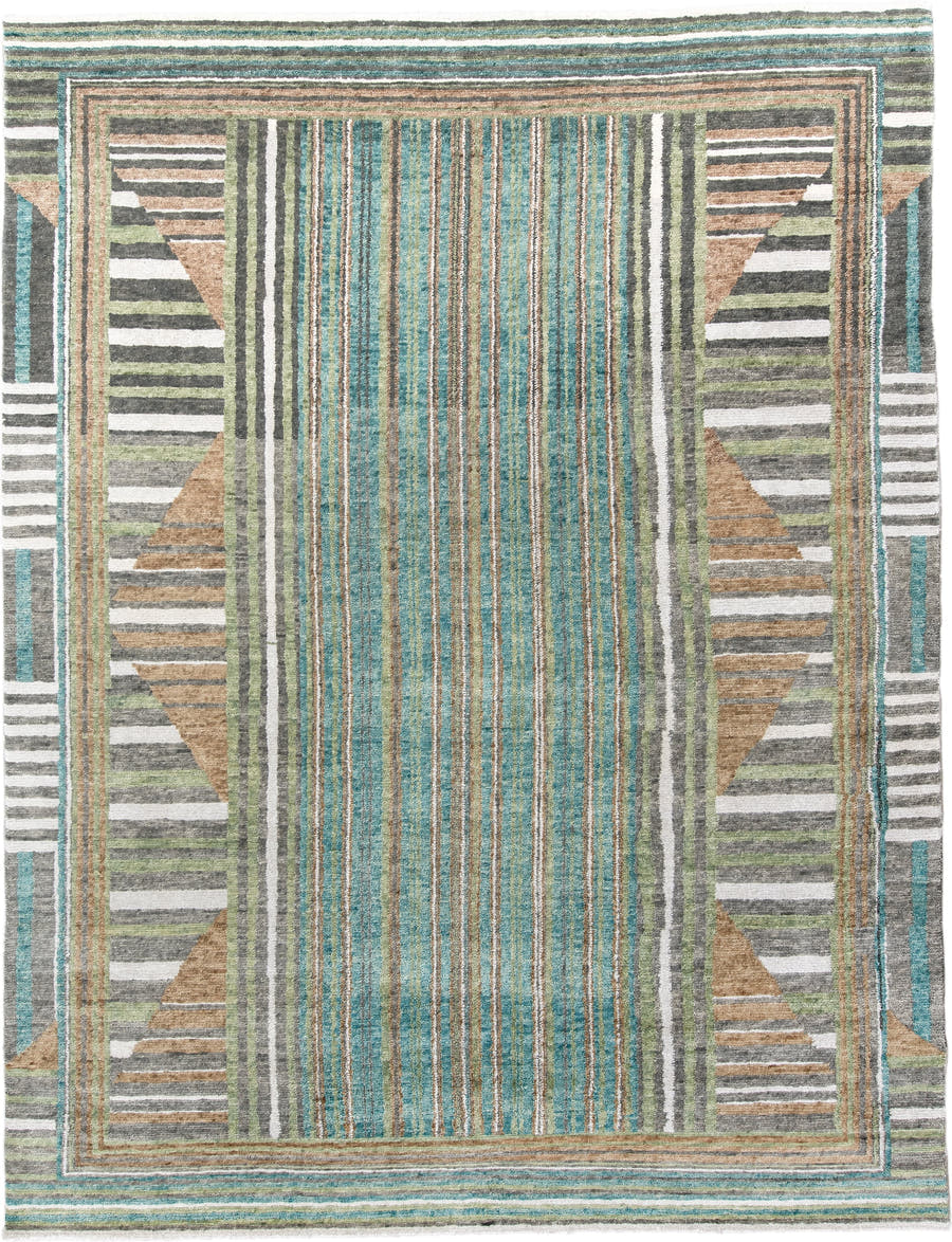 9' x 12' one-of-a-kind handmade vintage Tribeca large size rug. Color palette: teal, ivory, charcoal, taupe, olive, camel