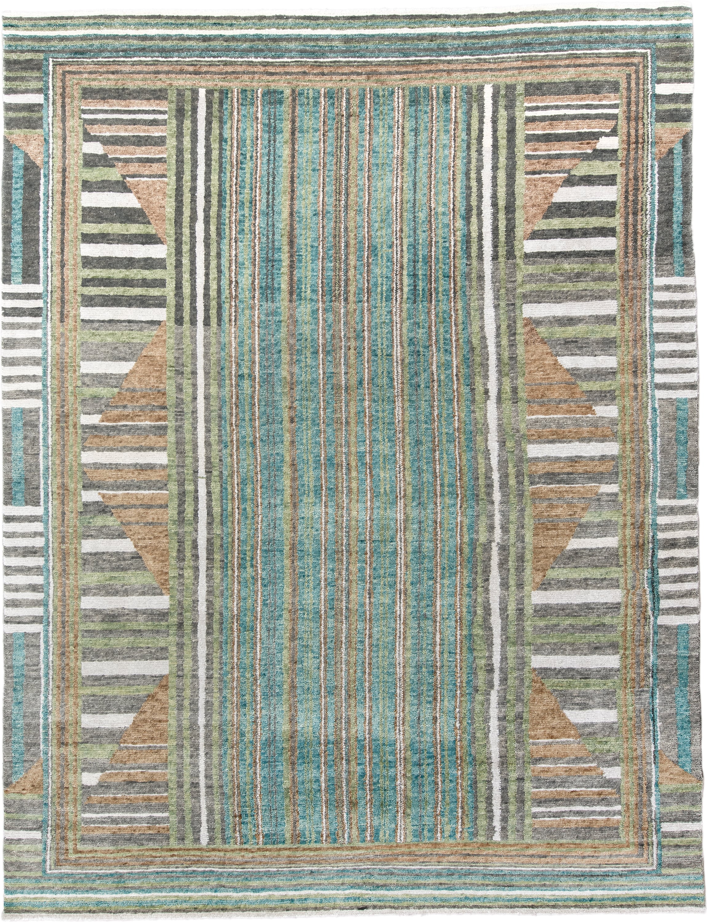 9' x 12' one-of-a-kind handmade vintage Tribeca large size rug. Color palette: teal, ivory, charcoal, taupe, olive, camel
