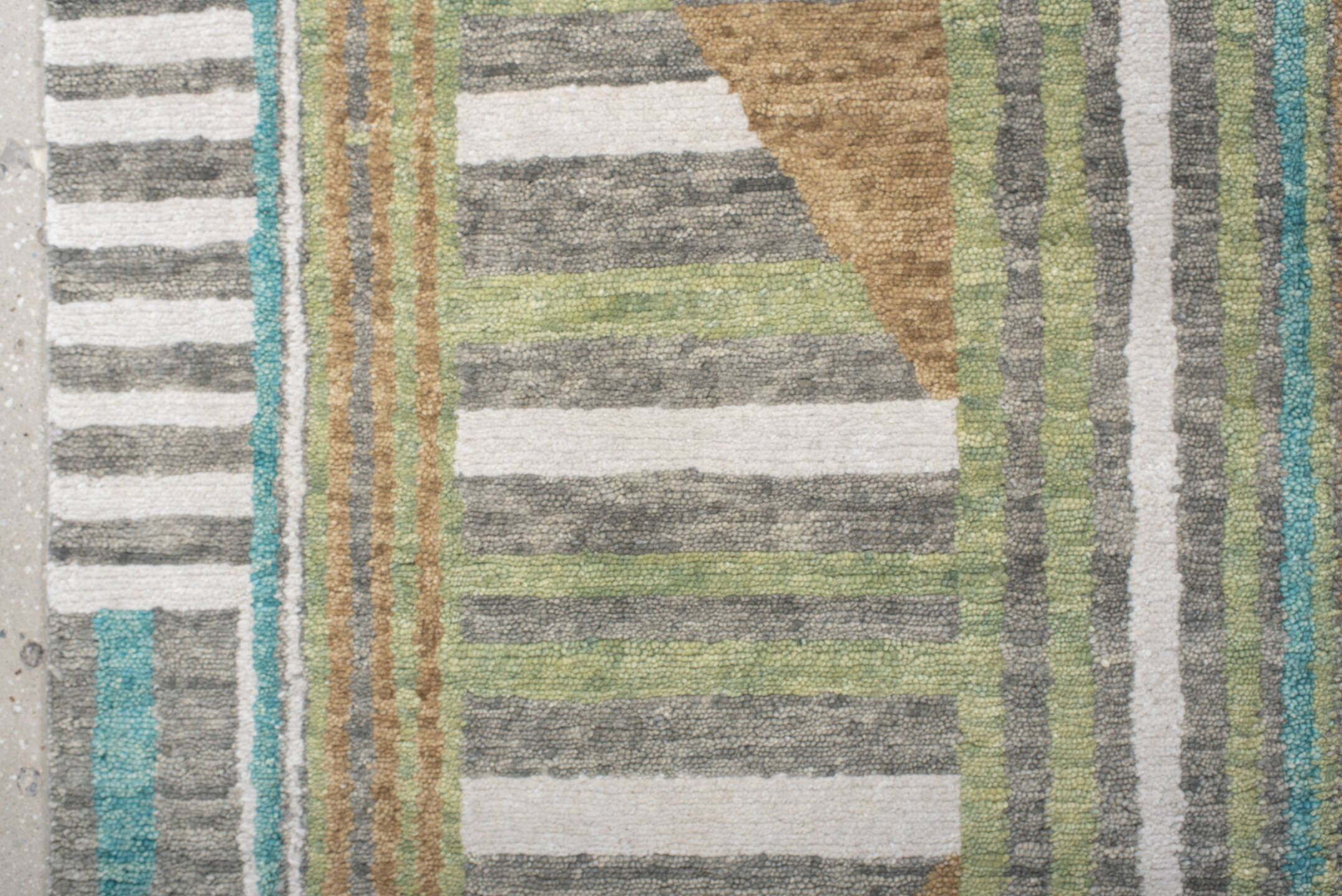 9' x 12' one-of-a-kind handmade vintage Tribeca large size rug. Color palette: teal, ivory, charcoal, taupe, olive, camel