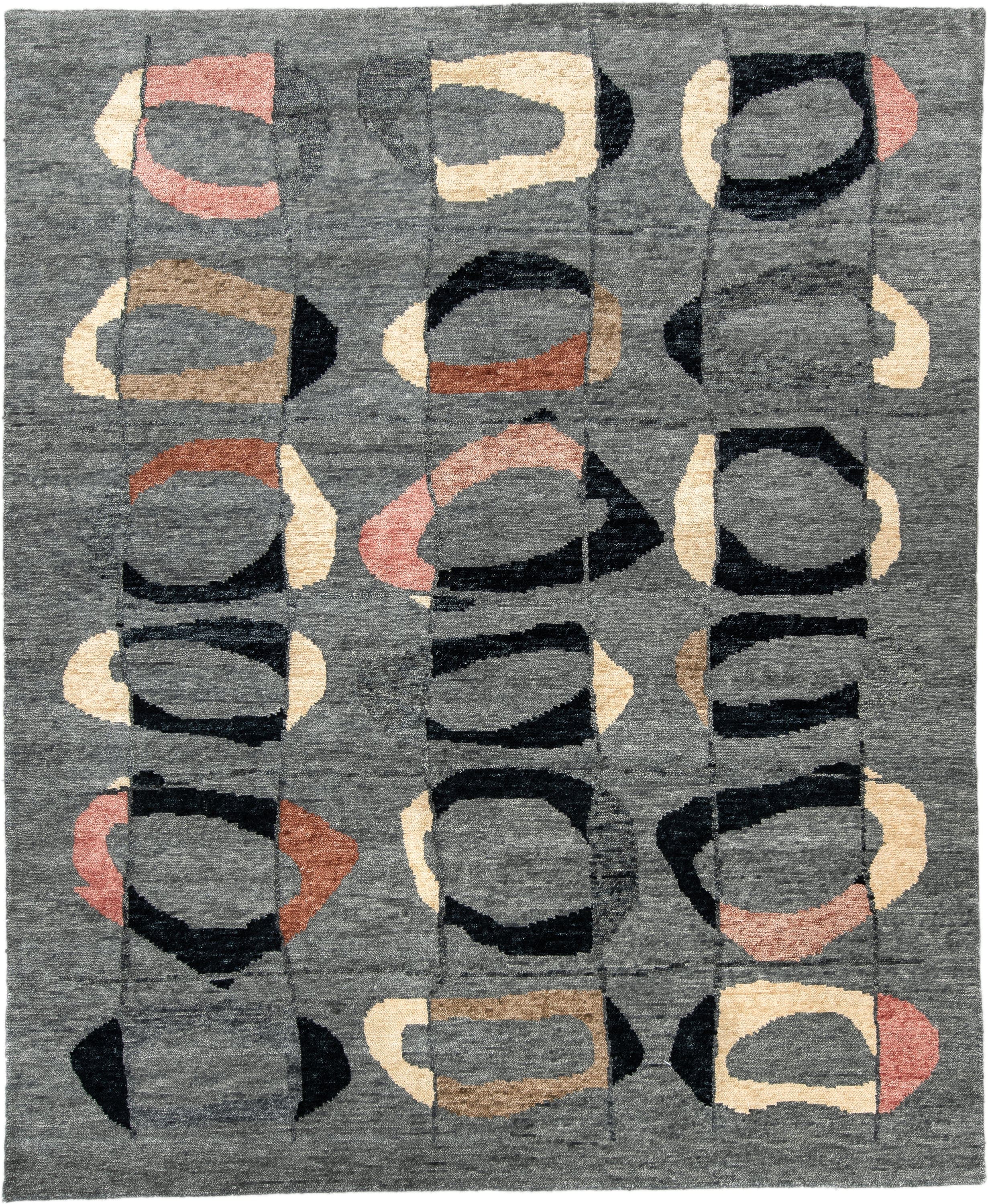 8' x 10' one-of-a-kind handmade vintage Tribeca large size rug. Color palette: charcoal, gray, black, ivory, rose, camel