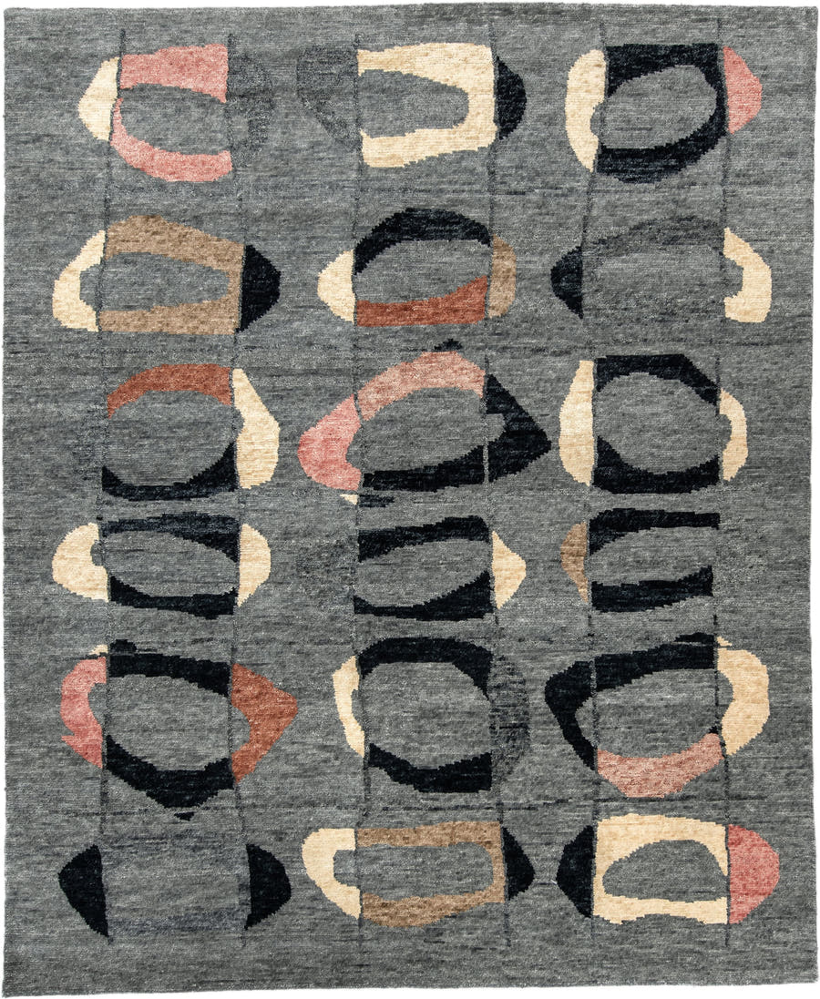 8' x 10' one-of-a-kind handmade vintage Tribeca large size rug. Color palette: charcoal, gray, black, ivory, rose, camel