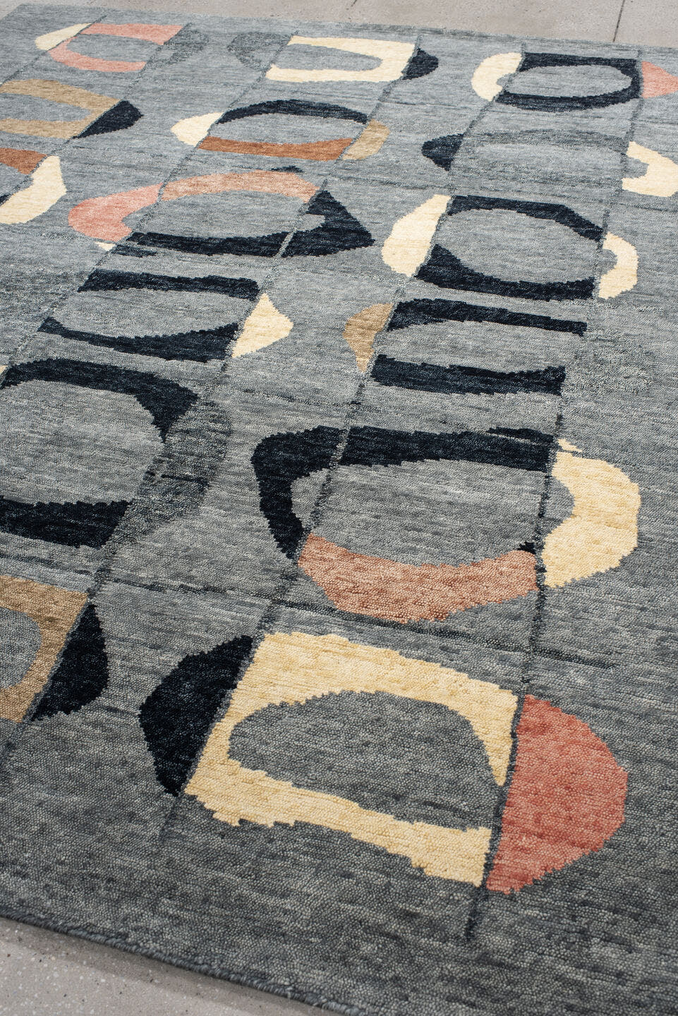 8' x 10' one-of-a-kind handmade vintage Tribeca large size rug. Color palette: charcoal, gray, black, ivory, rose, camel