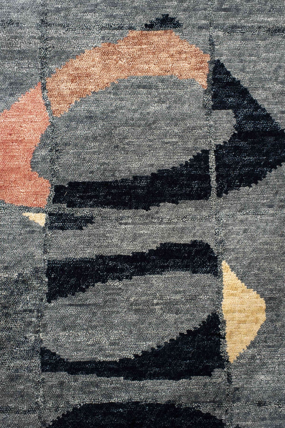8' x 10' one-of-a-kind handmade vintage Tribeca large size rug. Color palette: charcoal, gray, black, ivory, rose, camel