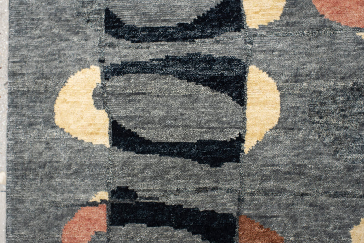 8' x 10' one-of-a-kind handmade vintage Tribeca large size rug. Color palette: charcoal, gray, black, ivory, rose, camel