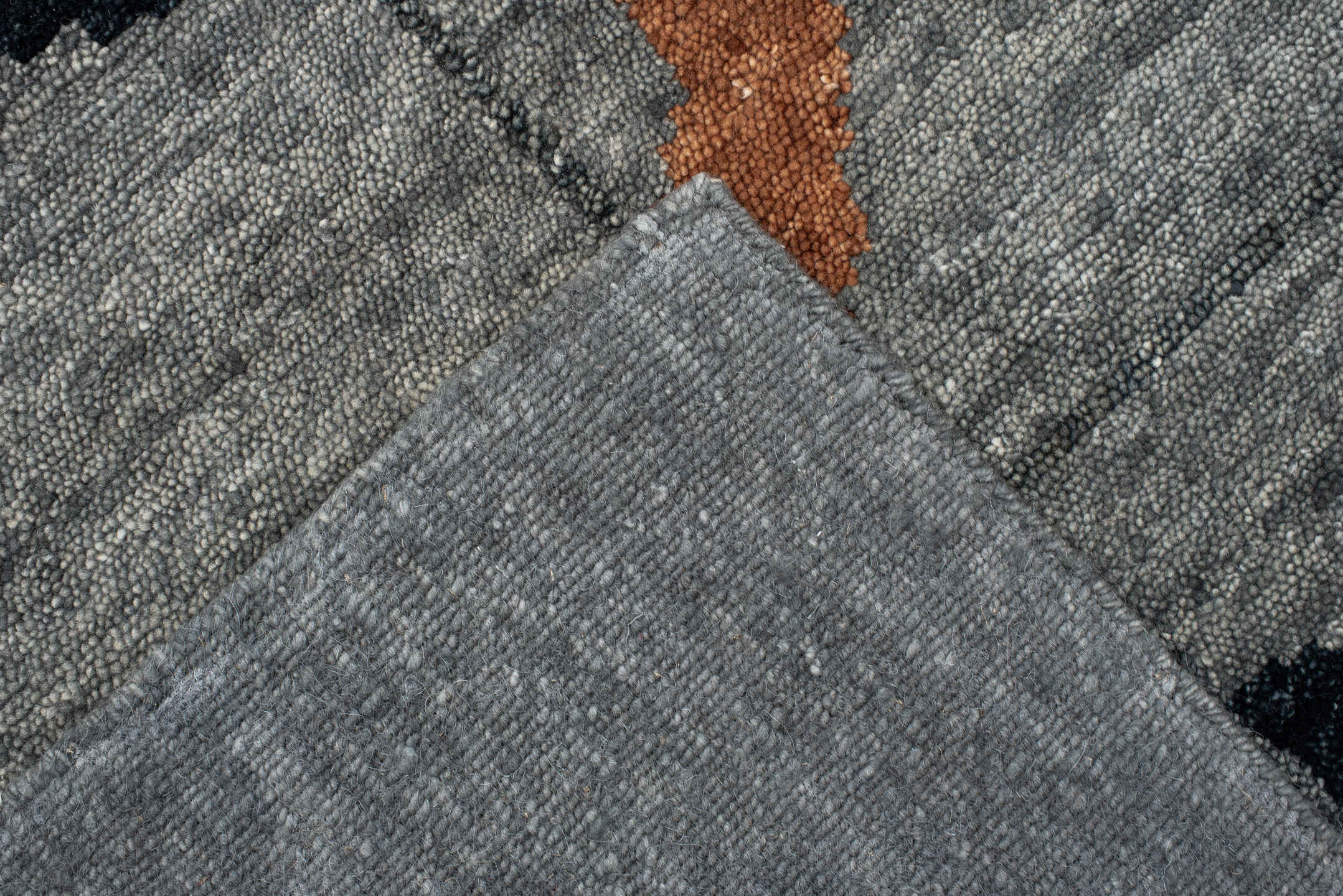 8' x 10' one-of-a-kind handmade vintage Tribeca large size rug. Color palette: charcoal, gray, black, ivory, rose, camel