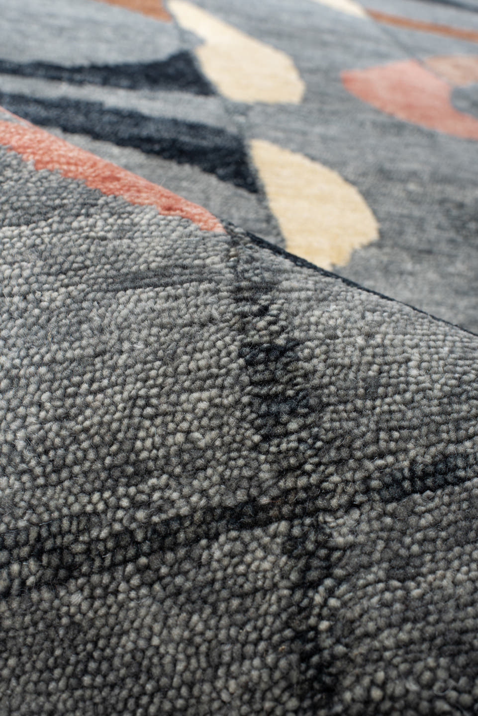 8' x 10' one-of-a-kind handmade vintage Tribeca large size rug. Color palette: charcoal, gray, black, ivory, rose, camel