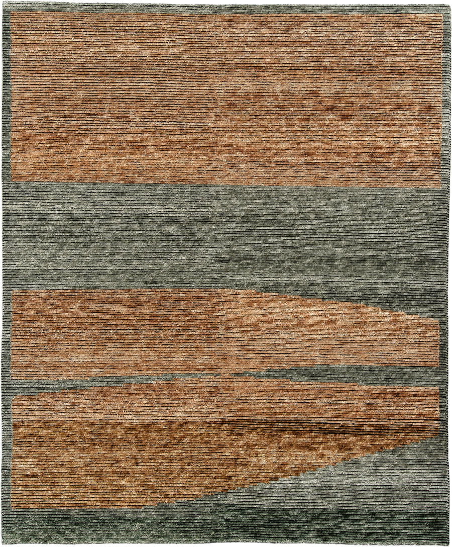 8' x 10' one-of-a-kind handmade vintage Tribeca large size rug. Color palette: terra cotta, sage, charcoal, rust, olive