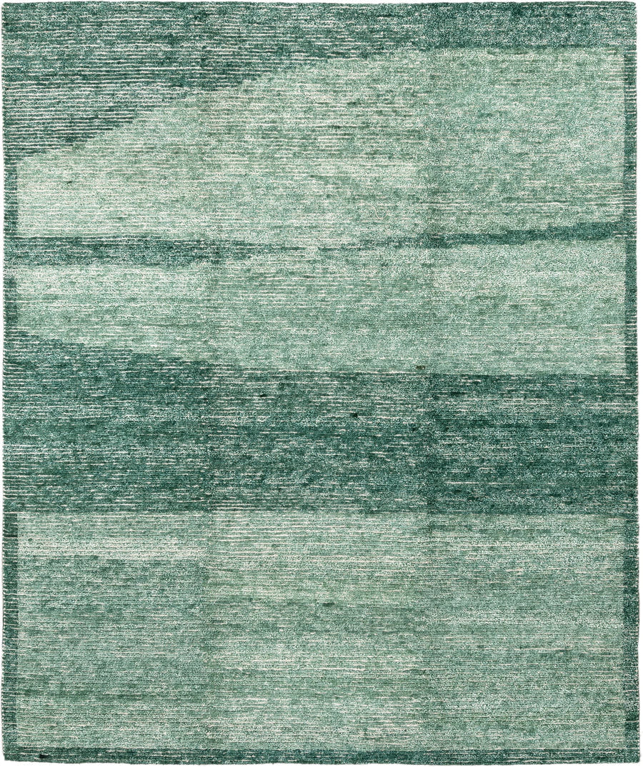 8' x 10' one-of-a-kind handmade vintage Tribeca large size rug. Color palette: seafoam, teal, sage, ivory, green