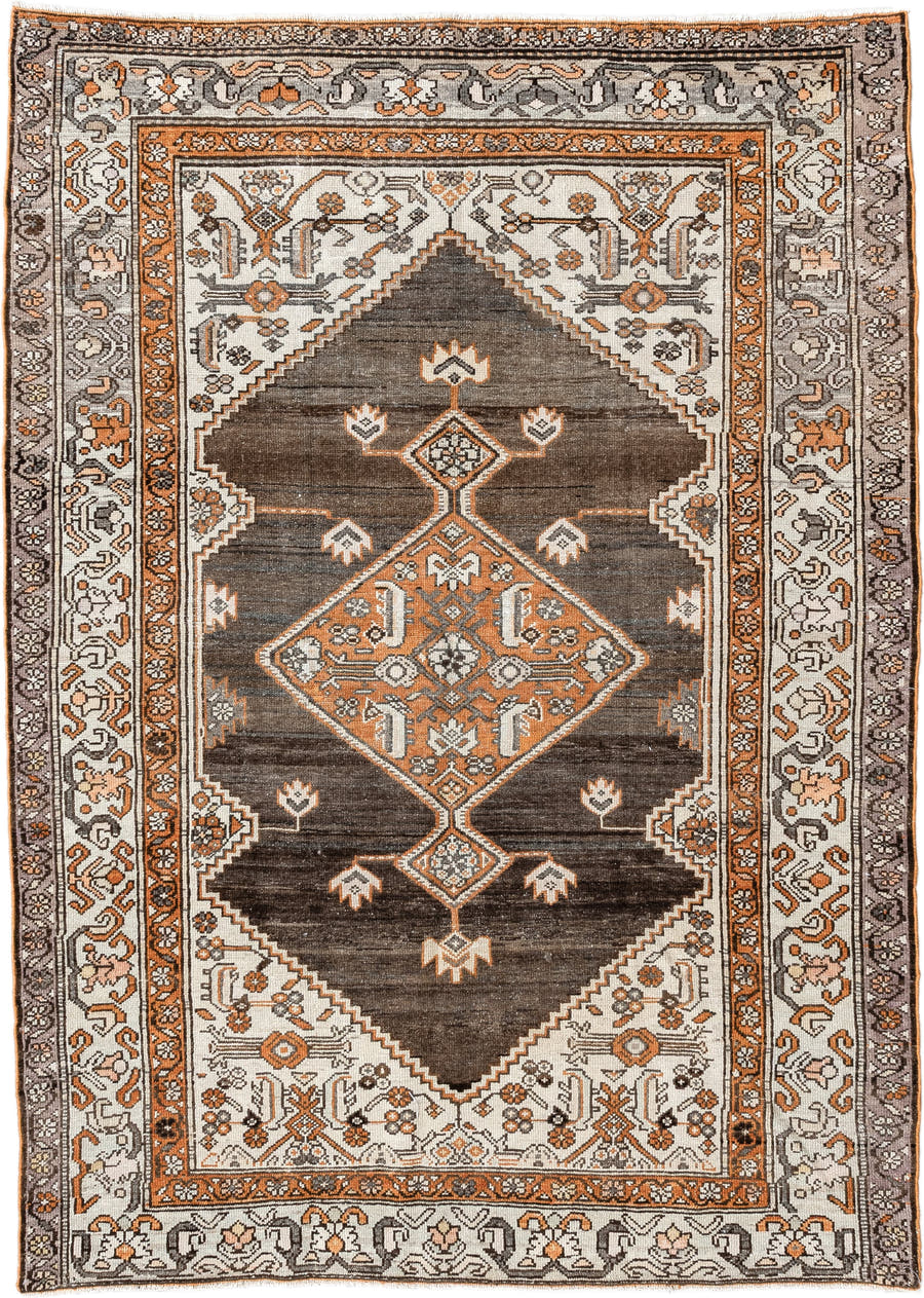 4' x 6' one-of-a-kind handmade vintage Hamadan small size rug. Color palette: brown, ivory, taupe, rust, charcoal, gray