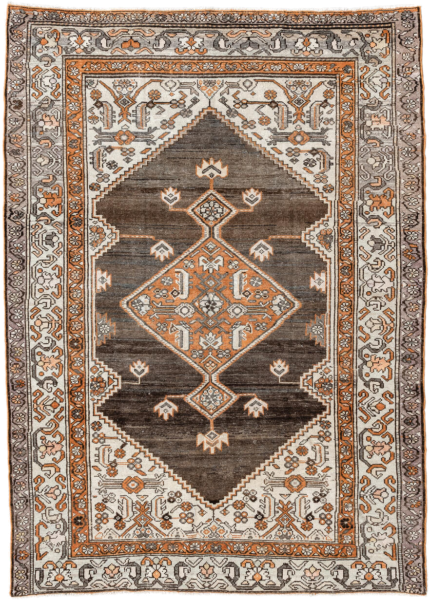 4' x 6' one-of-a-kind handmade vintage Hamadan small size rug. Color palette: brown, ivory, taupe, rust, charcoal, gray