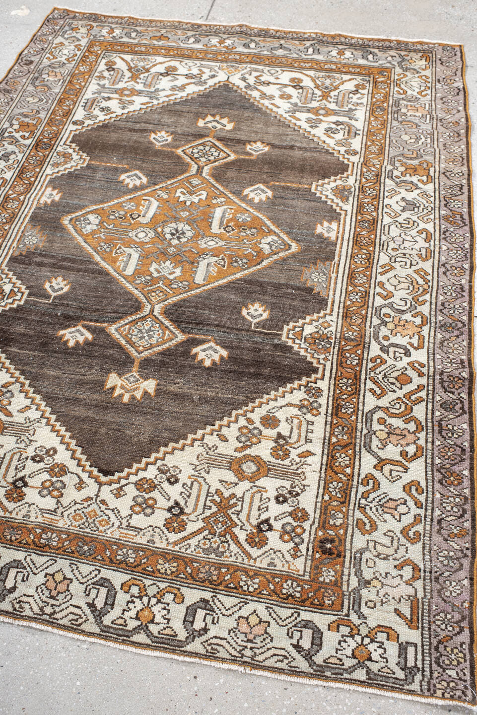 4' x 6' one-of-a-kind handmade vintage Hamadan small size rug. Color palette: brown, ivory, taupe, rust, charcoal, gray
