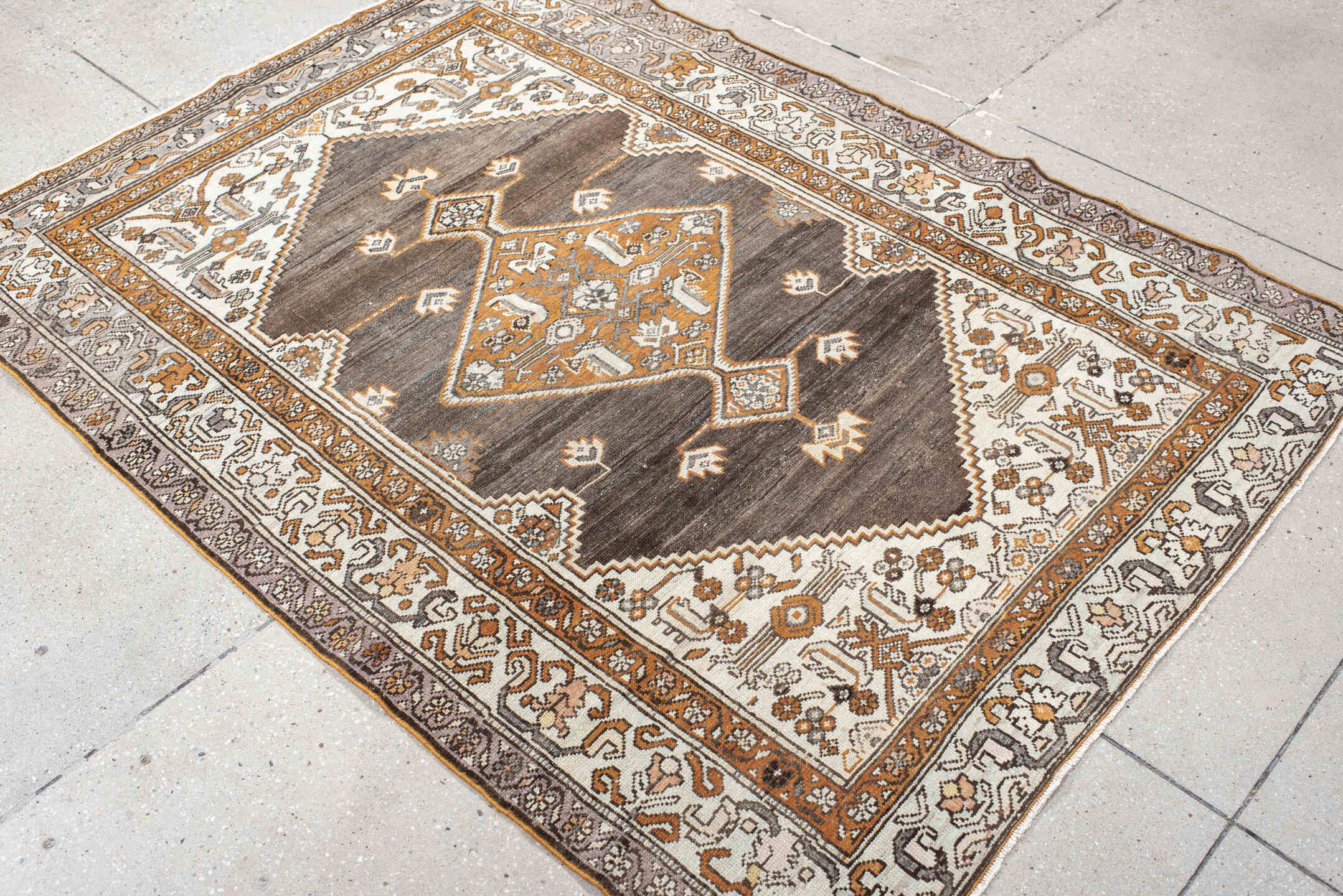 4' x 6' one-of-a-kind handmade vintage Hamadan small size rug. Color palette: brown, ivory, taupe, rust, charcoal, gray