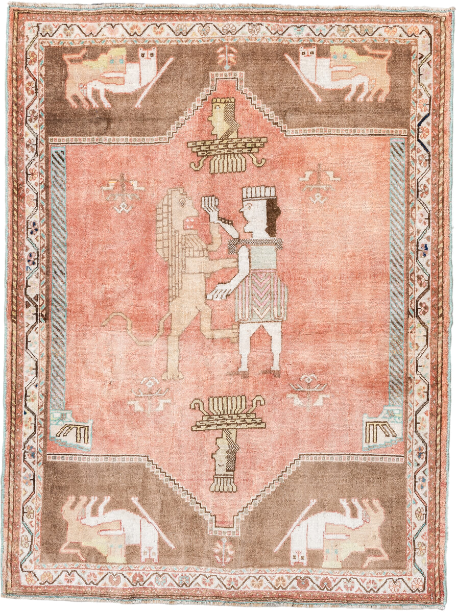 4' x 5' one-of-a-kind handmade vintage Gabbeh small size rug. Color palette: rose, camel, ivory, aqua, taupe, coral, brown