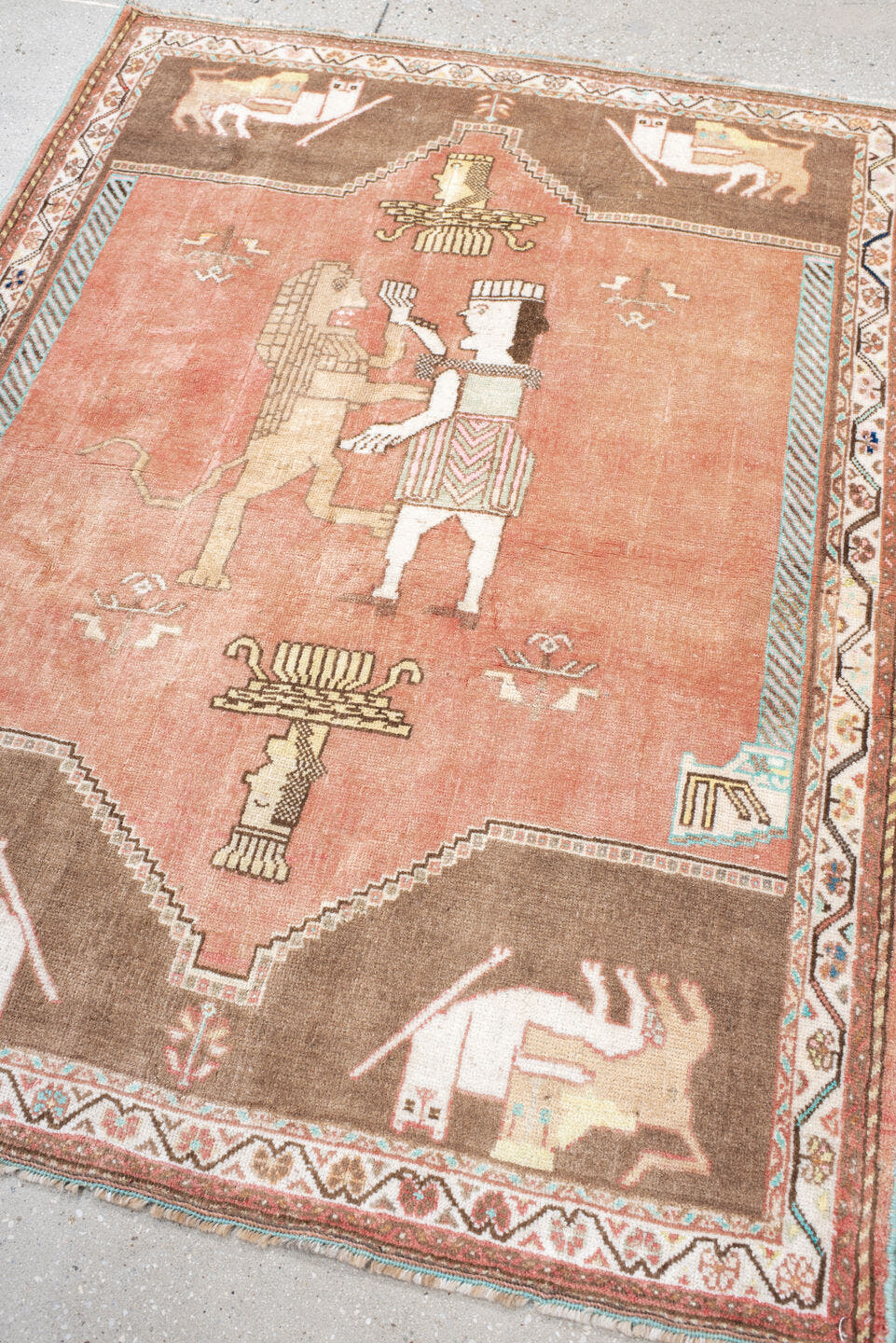 4' x 5' one-of-a-kind handmade vintage Gabbeh small size rug. Color palette: rose, camel, ivory, aqua, taupe, coral, brown