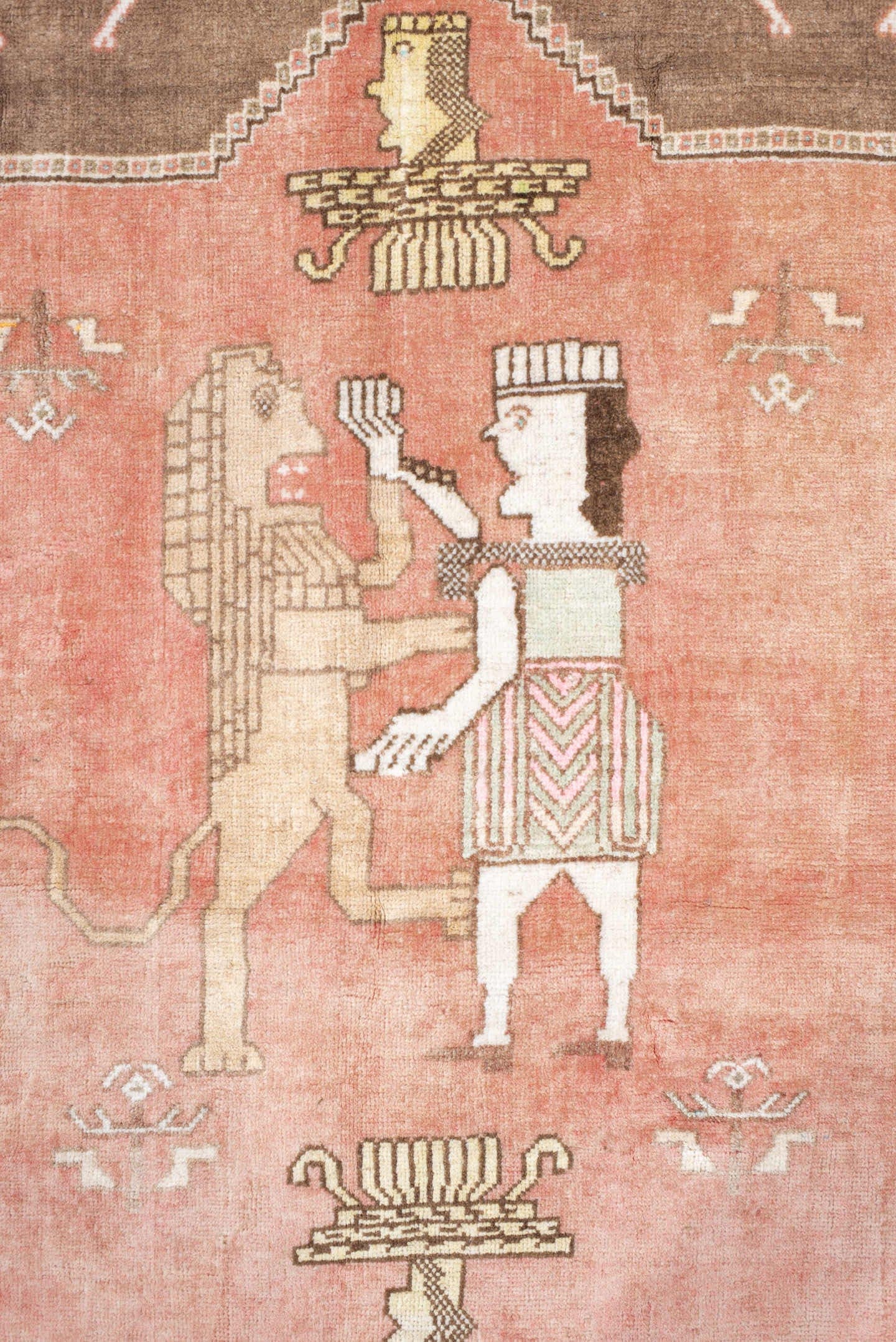 4' x 5' one-of-a-kind handmade vintage Gabbeh small size rug. Color palette: rose, camel, ivory, aqua, taupe, coral, brown