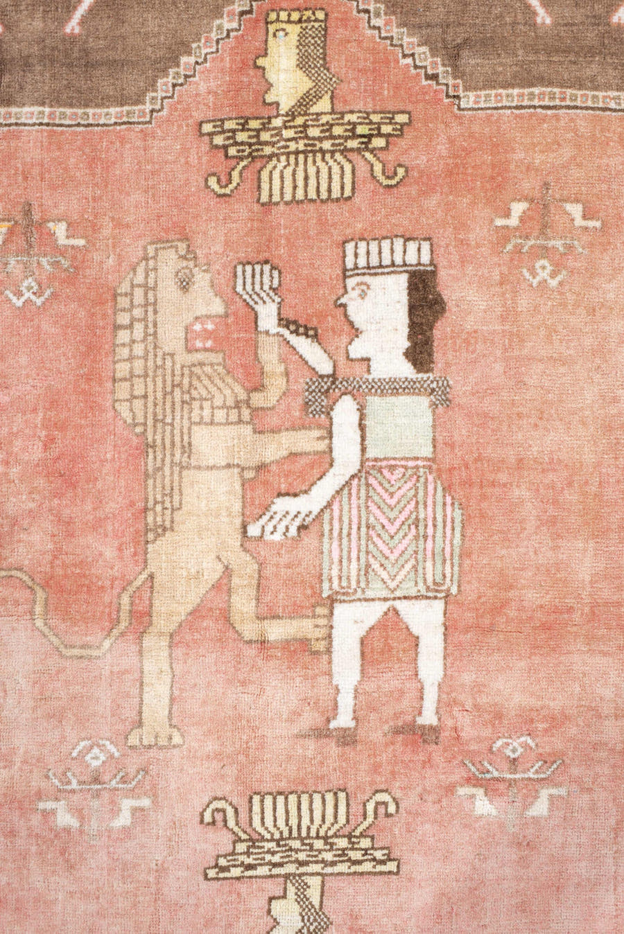 4' x 5' one-of-a-kind handmade vintage Gabbeh small size rug. Color palette: rose, camel, ivory, aqua, taupe, coral, brown
