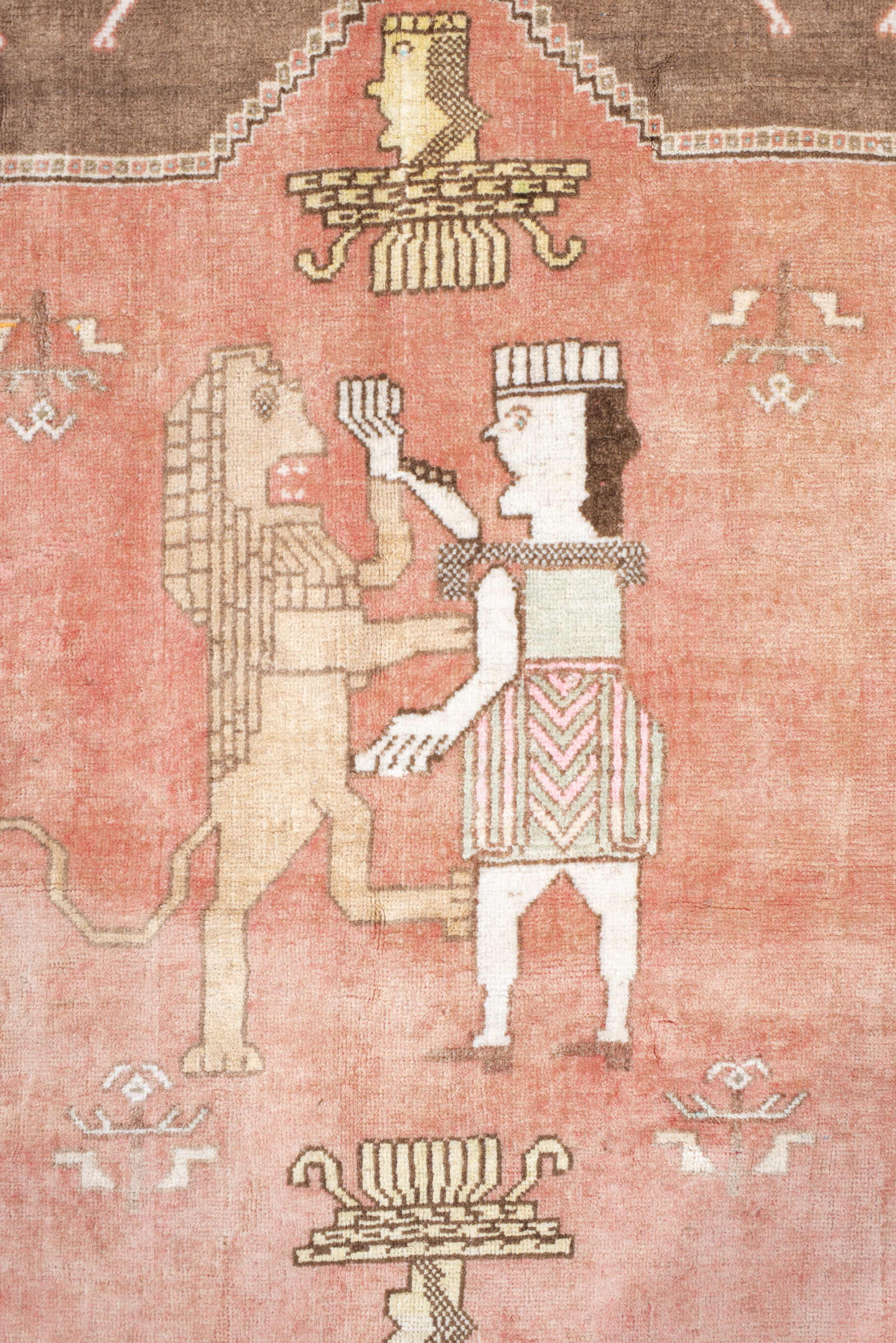 4' x 5' one-of-a-kind handmade vintage Gabbeh small size rug. Color palette: rose, camel, ivory, aqua, taupe, coral, brown