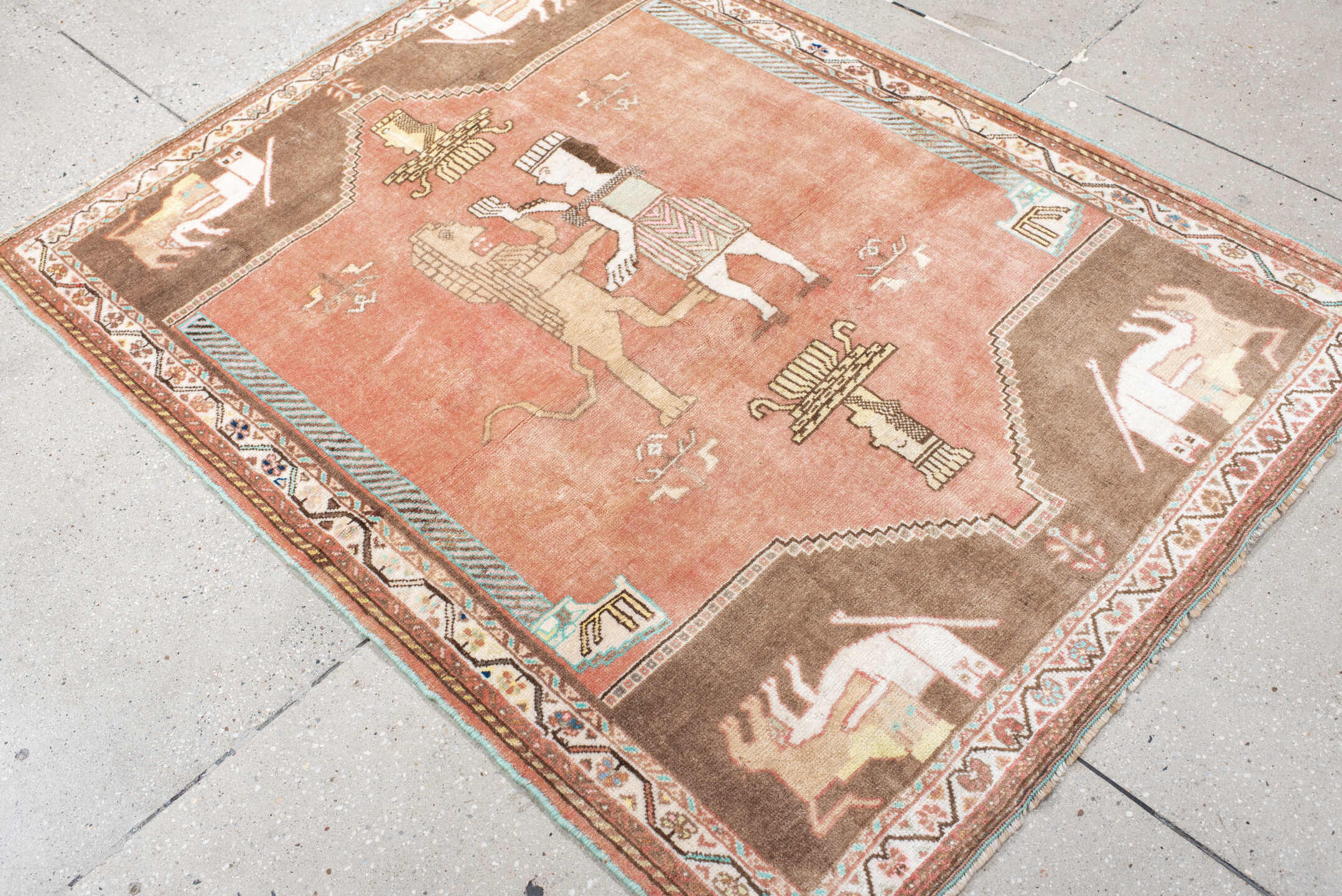 4' x 5' one-of-a-kind handmade vintage Gabbeh small size rug. Color palette: rose, camel, ivory, aqua, taupe, coral, brown