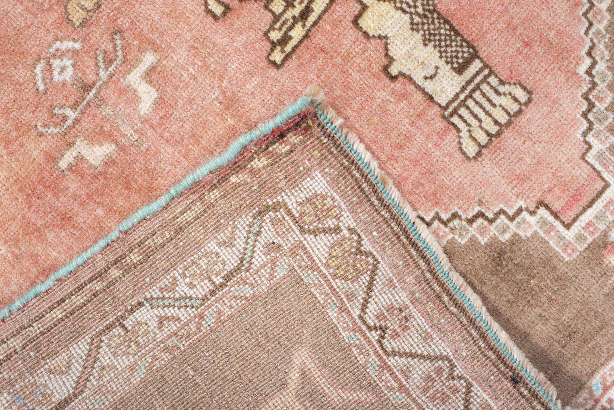 4' x 5' one-of-a-kind handmade vintage Gabbeh small size rug. Color palette: rose, camel, ivory, aqua, taupe, coral, brown