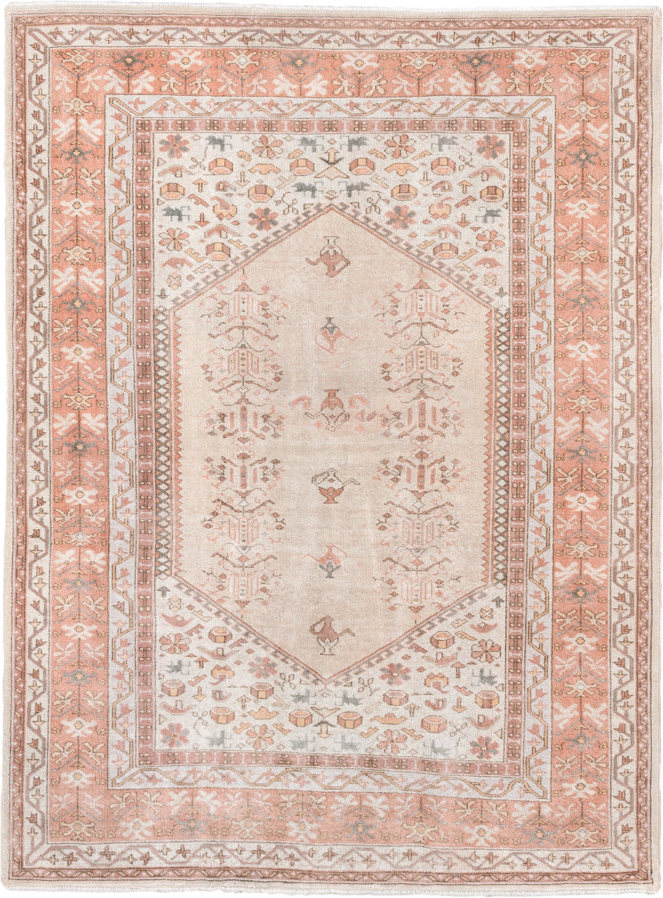 5' x 6' one-of-a-kind handmade vintage Melas rug. Color palette: ivory, blush, salmon, taupe, gray, camel, pink, beige