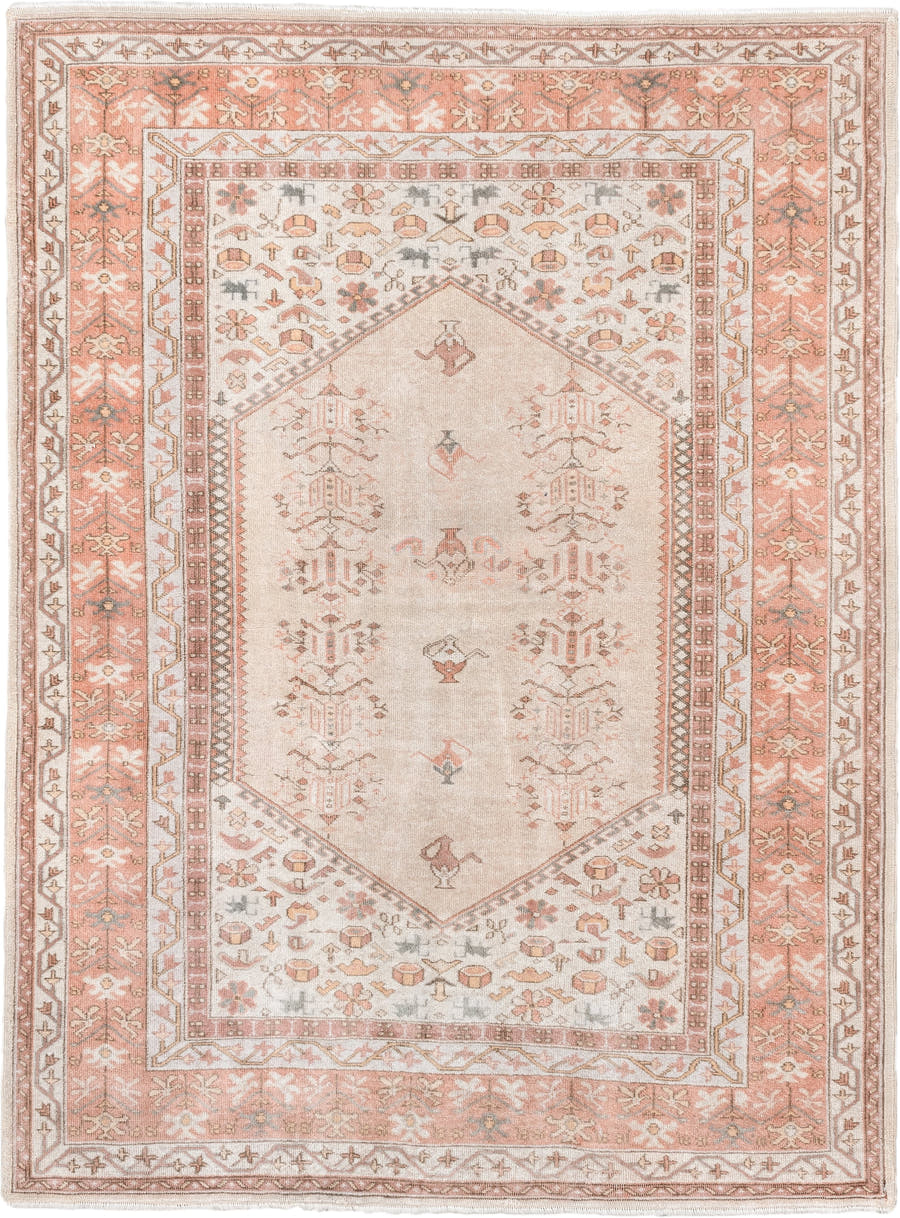 5' x 6' one-of-a-kind handmade vintage Melas rug. Color palette: ivory, blush, salmon, taupe, gray, camel, pink, beige