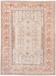 5' x 6' one-of-a-kind handmade vintage Melas rug. Color palette: ivory, blush, salmon, taupe, gray, camel, pink, beige