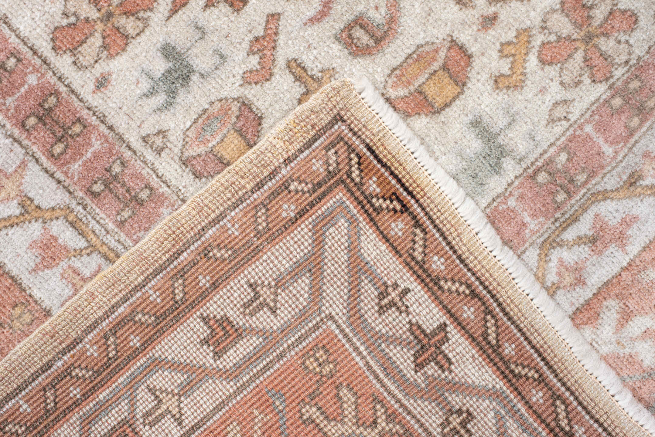 5' x 6' one-of-a-kind handmade vintage Melas rug. Color palette: ivory, blush, salmon, taupe, gray, camel, pink, beige