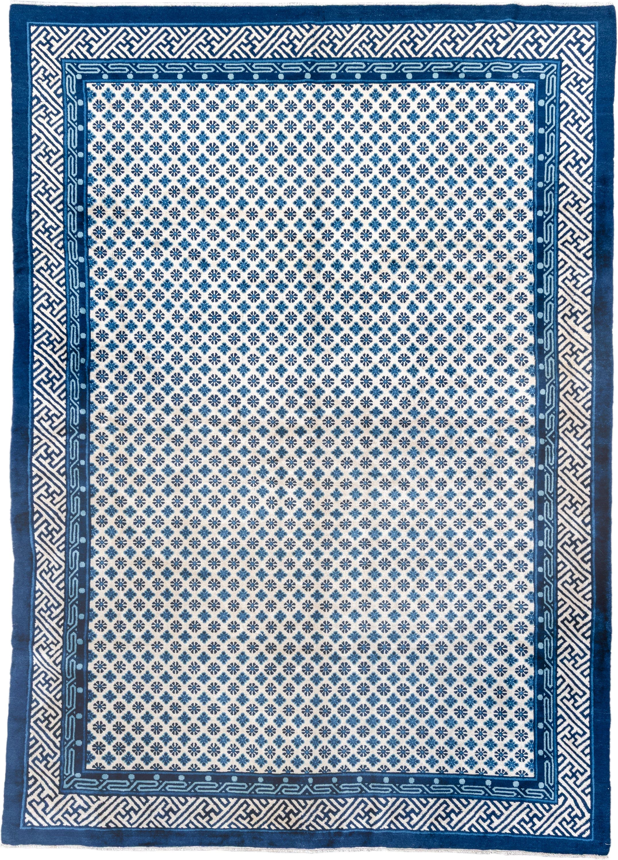 7' x 10' one-of-a-kind handmade vintage Chinese large size rug. Color palette: ivory, indigo, navy, slate, purple, blue