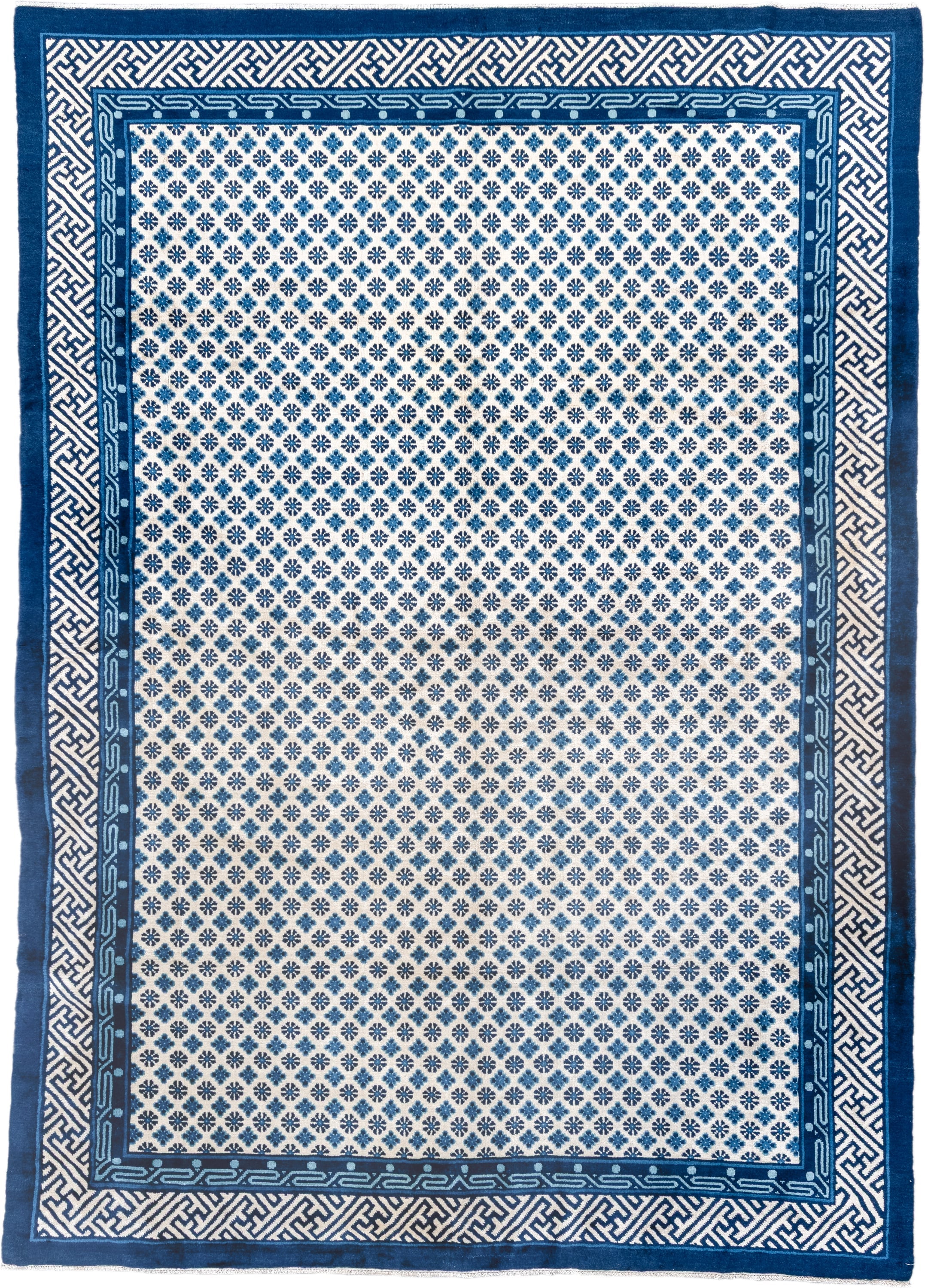 7' x 10' one-of-a-kind handmade vintage Chinese large size rug. Color palette: ivory, indigo, navy, slate, purple, blue