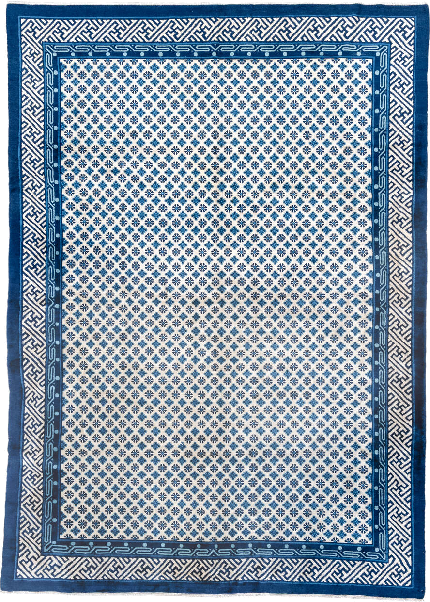 7' x 10' one-of-a-kind handmade vintage Chinese large size rug. Color palette: ivory, indigo, navy, slate, purple, blue
