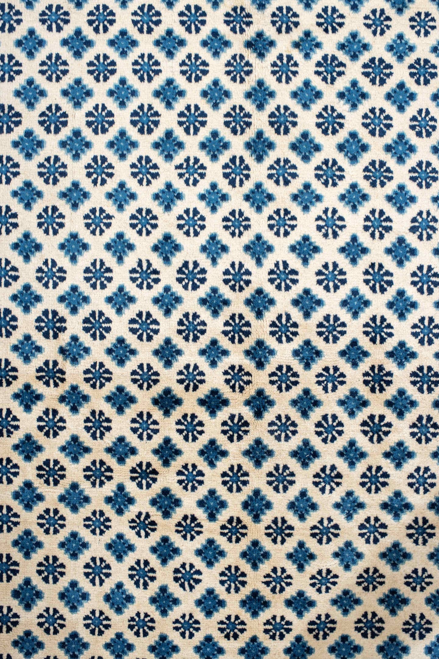7' x 10' one-of-a-kind handmade vintage Chinese large size rug. Color palette: ivory, indigo, navy, slate, purple, blue