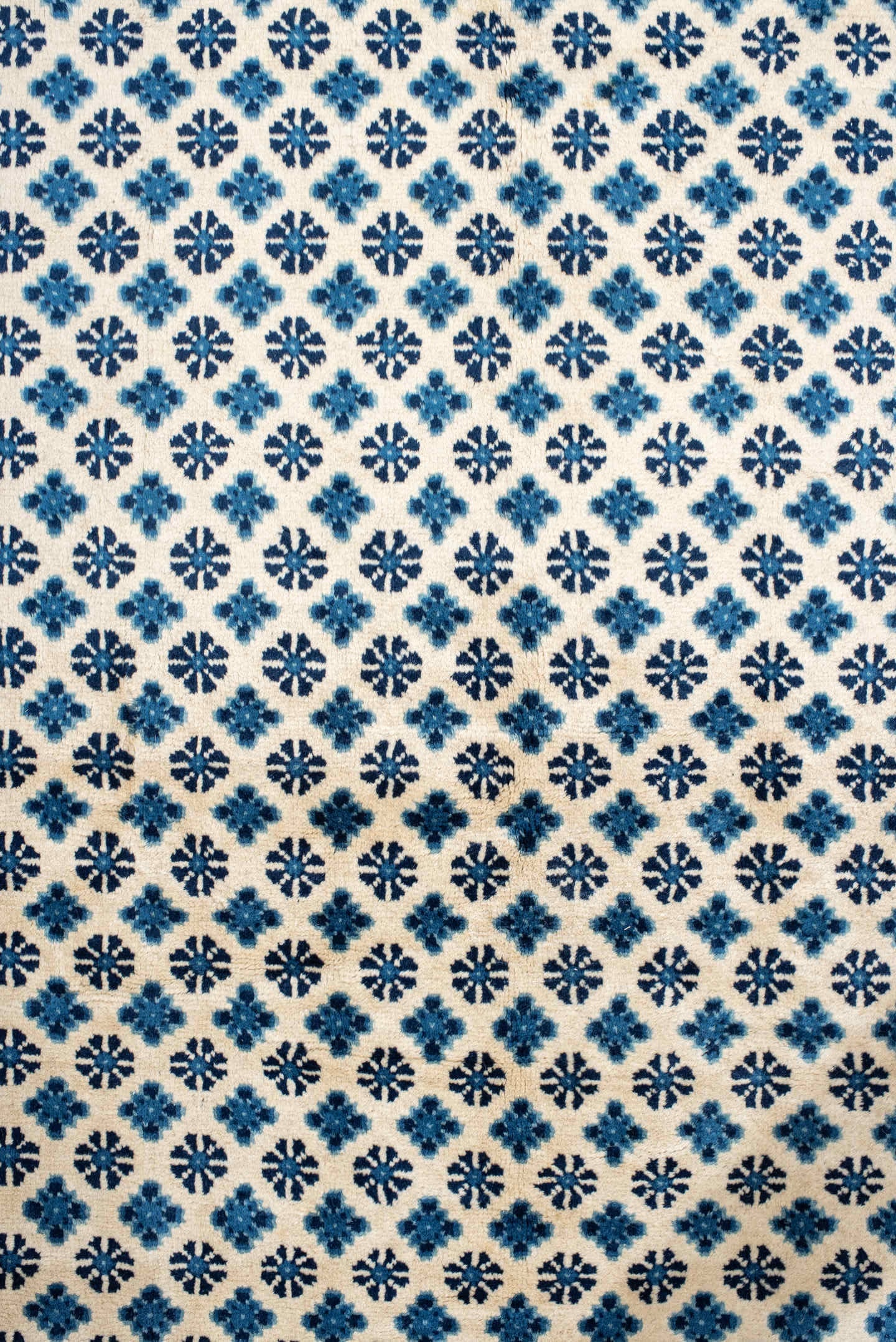 7' x 10' one-of-a-kind handmade vintage Chinese large size rug. Color palette: ivory, indigo, navy, slate, purple, blue