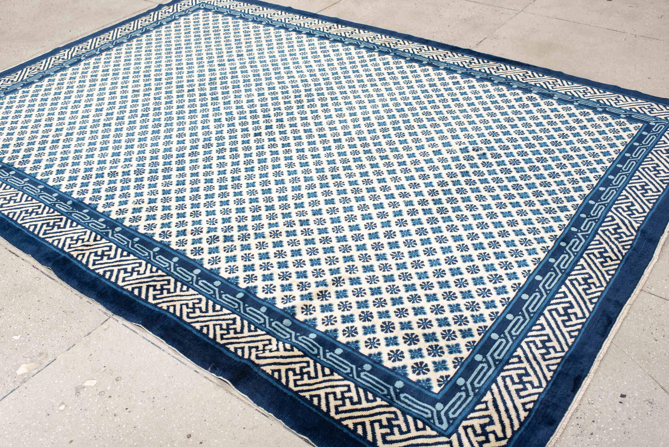 7' x 10' one-of-a-kind handmade vintage Chinese large size rug. Color palette: arapawa, blue, dark gray, gray, light blue