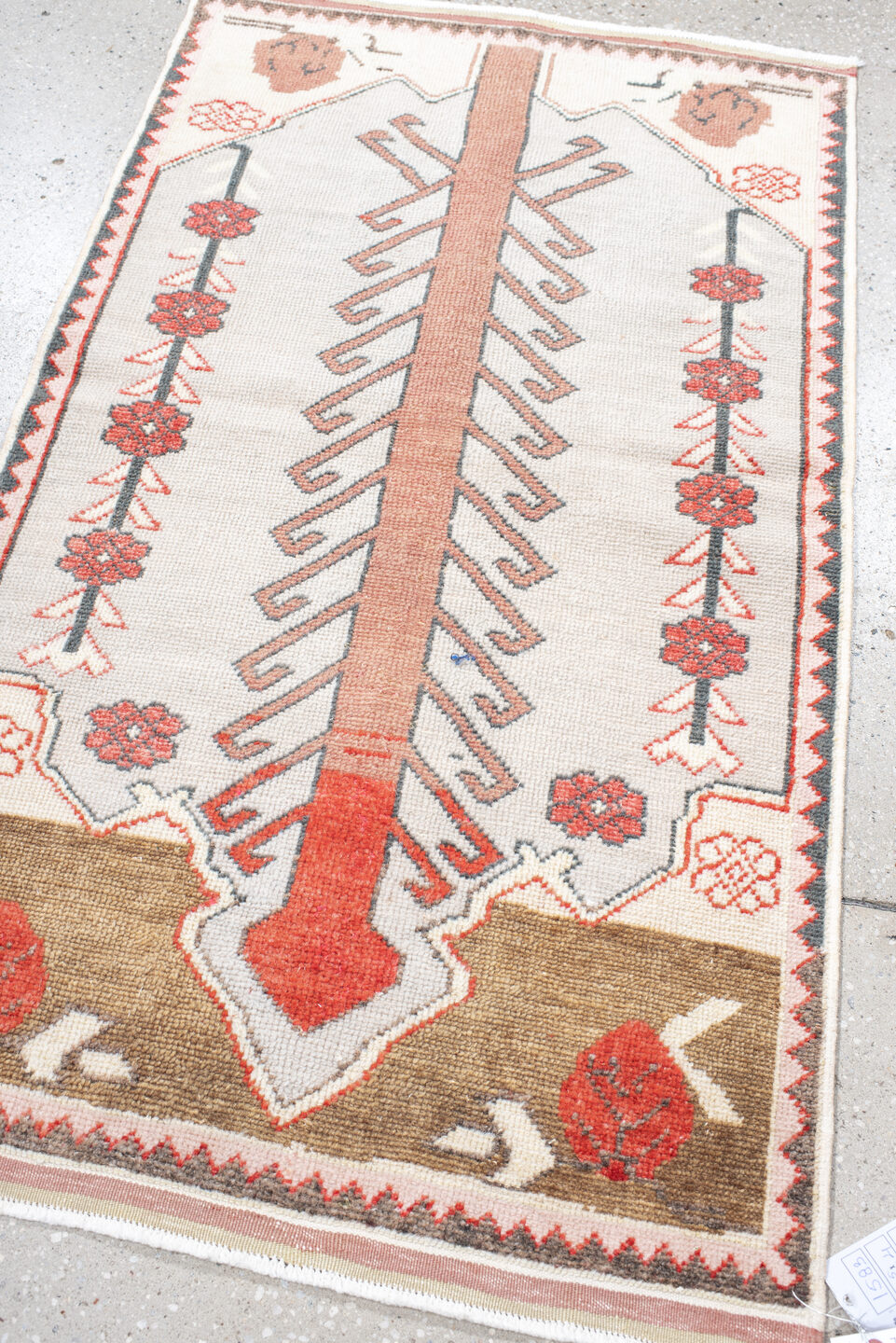 2' x 4' one-of-a-kind handmade vintage Anatol small size rug. Color palette: antiquewhite, black, brown, dim gray, gainsboro